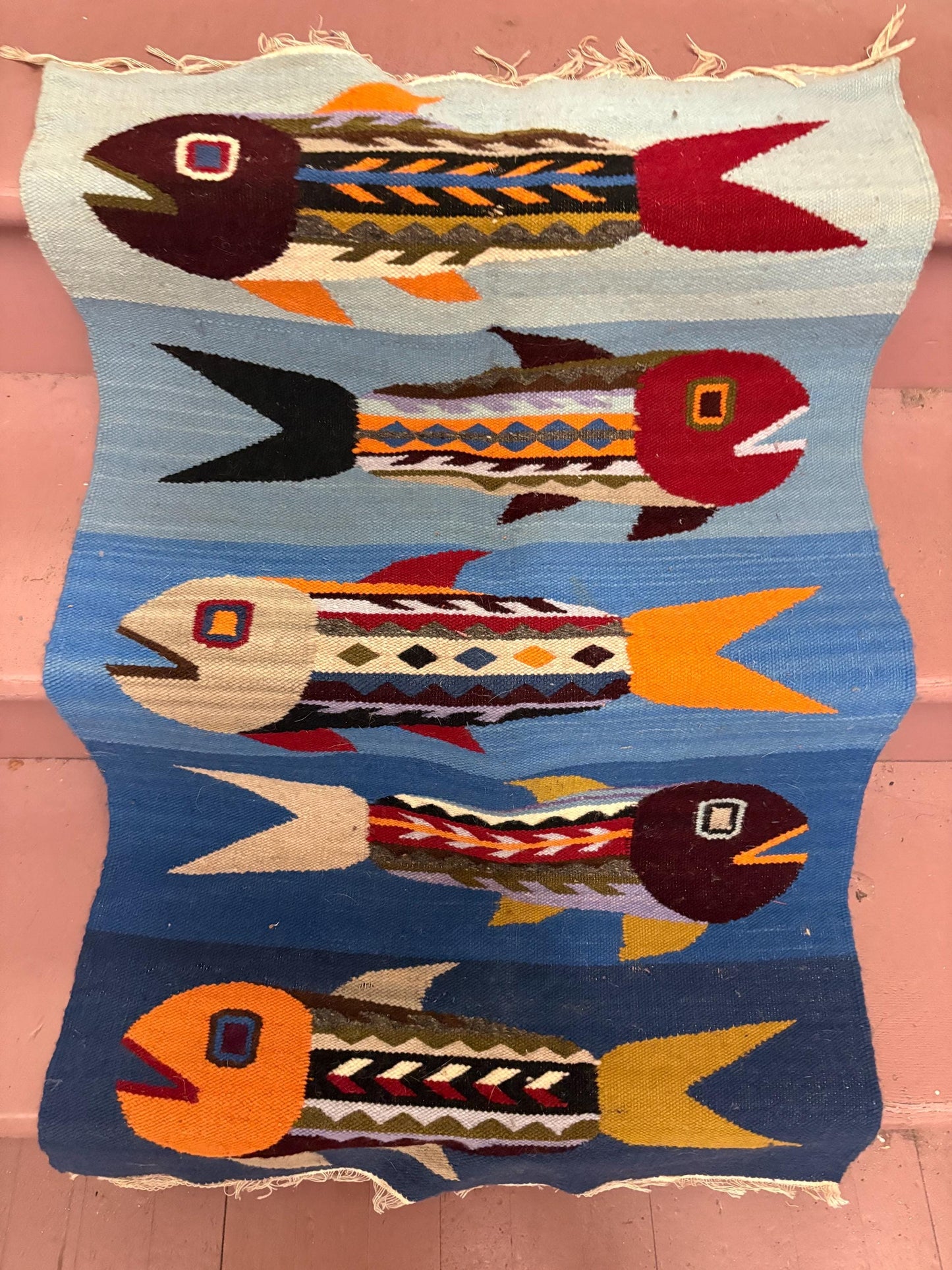 Beautiful Ecuador vintage hundred percent wool textile blanket or wall hanging 41 x 23 - edges frayed great value