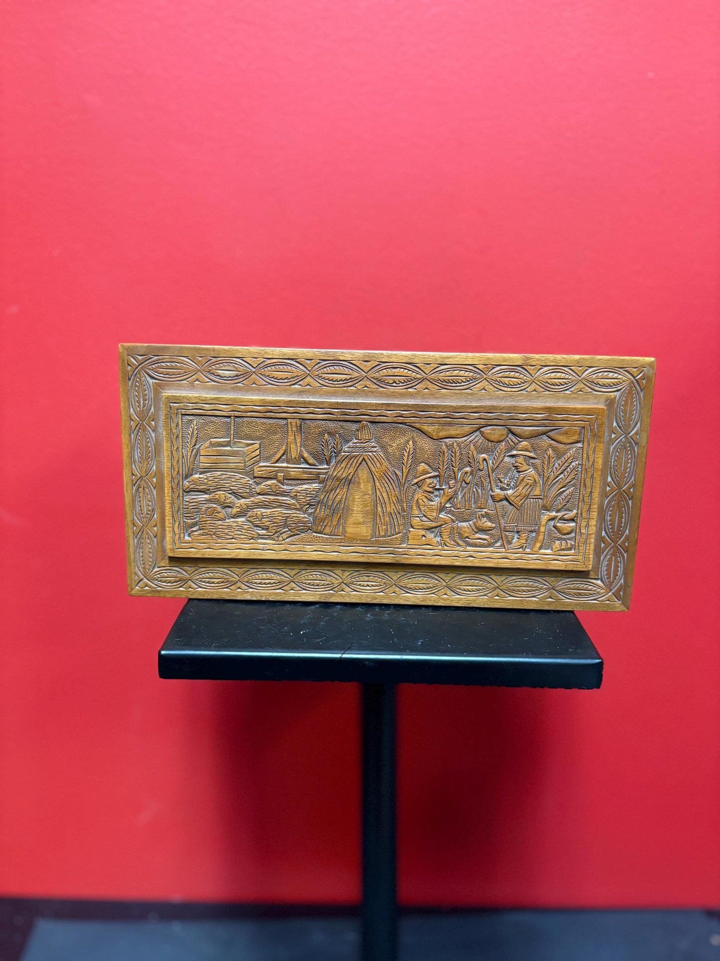 Unique beautiful 10 x 5 x 3 high European 1920s detailed carved box depicting farmers wonderful gift signed on bottom