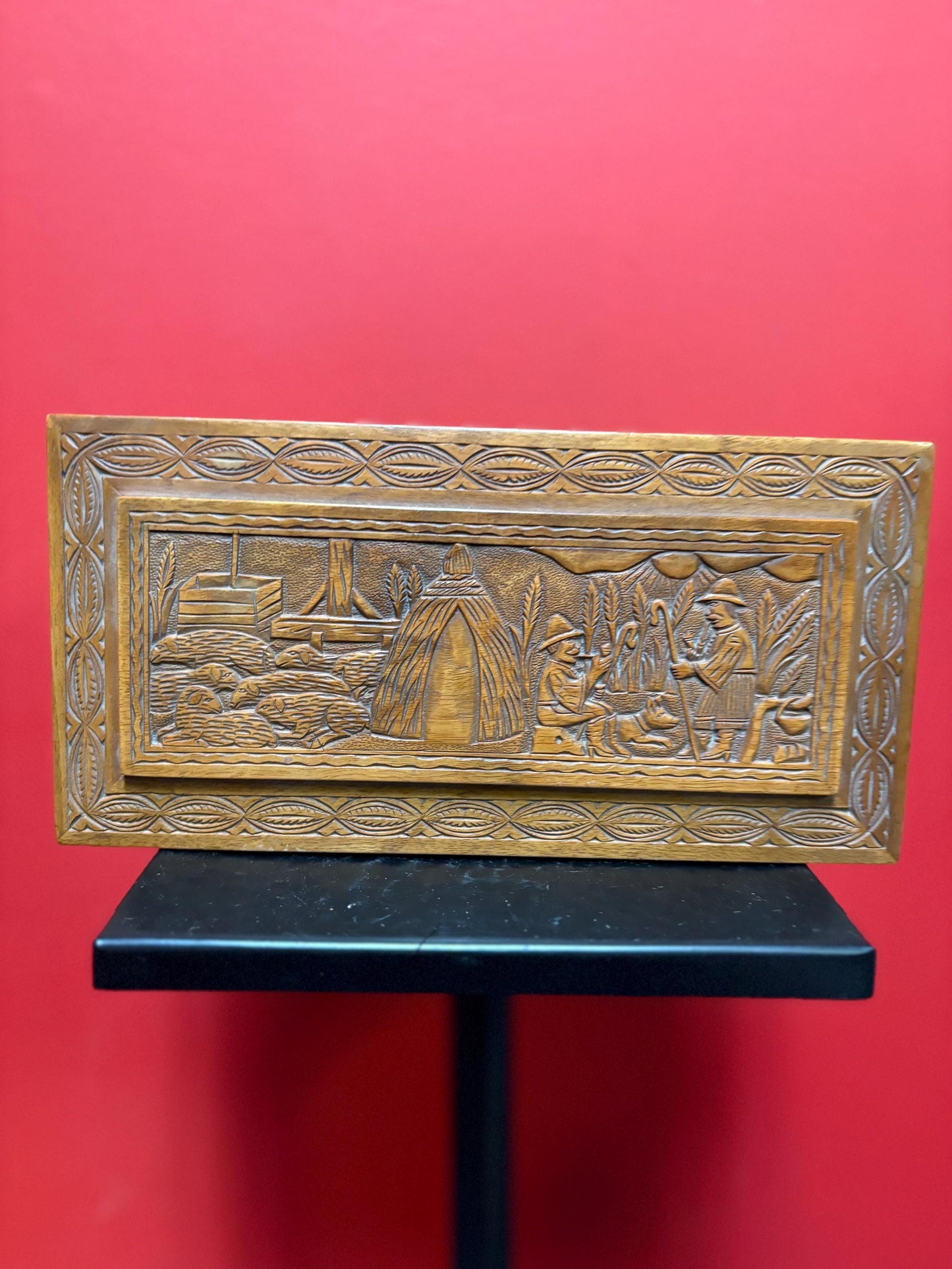 Unique beautiful 10 x 5 x 3 high European 1920s detailed carved box depicting farmers wonderful gift signed on bottom