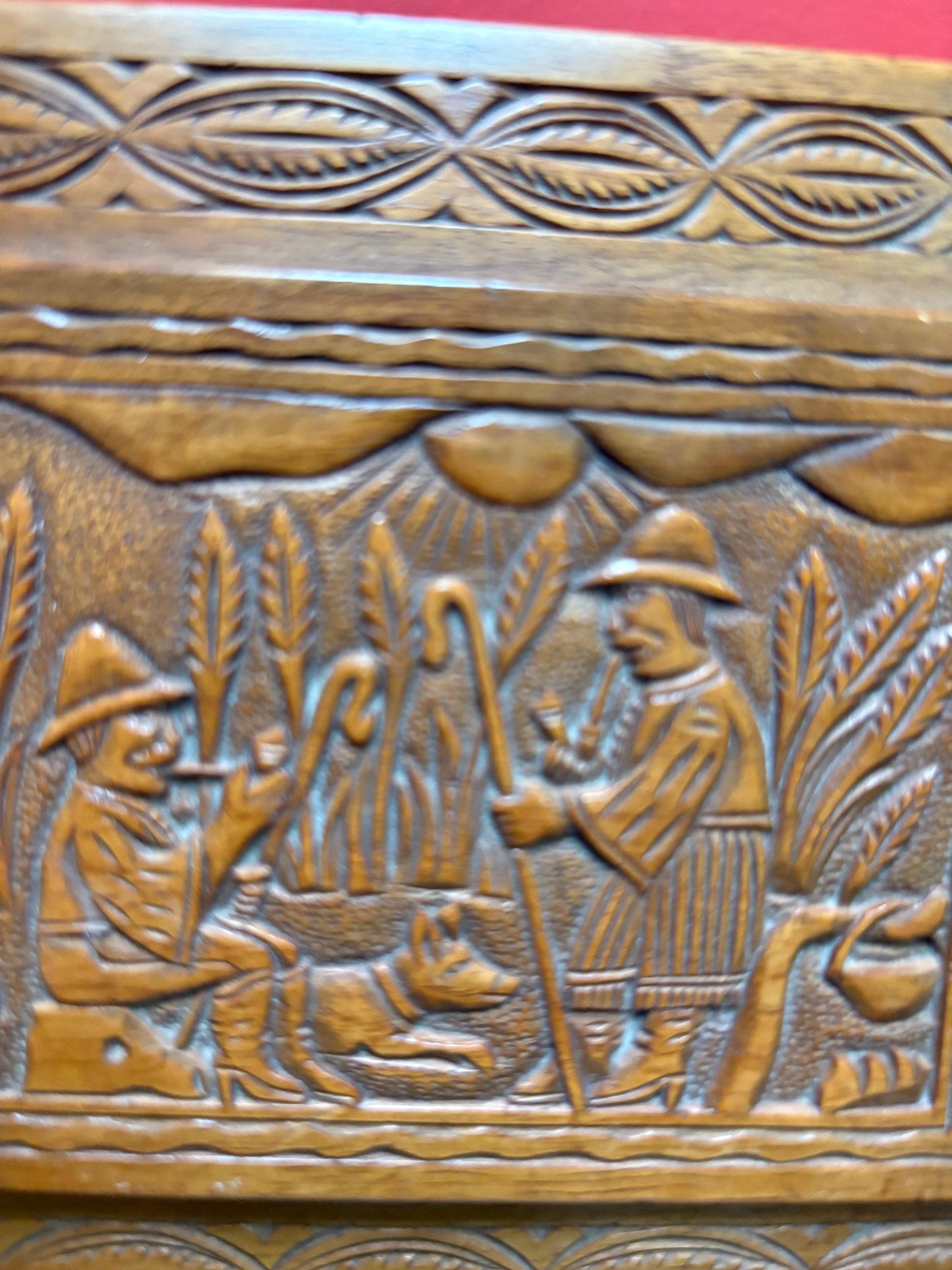 Unique beautiful 10 x 5 x 3 high European 1920s detailed carved box depicting farmers wonderful gift signed on bottom