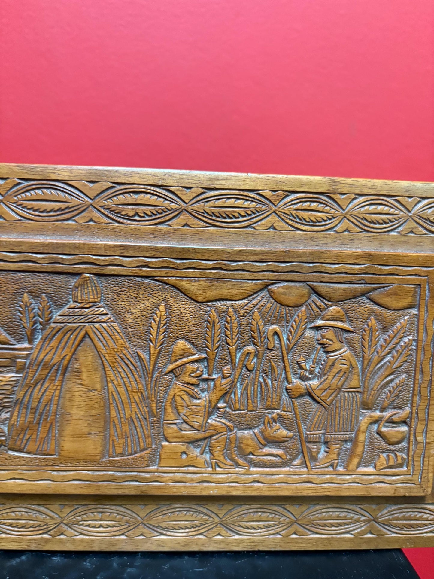 Unique beautiful 10 x 5 x 3 high European 1920s detailed carved box depicting farmers wonderful gift signed on bottom