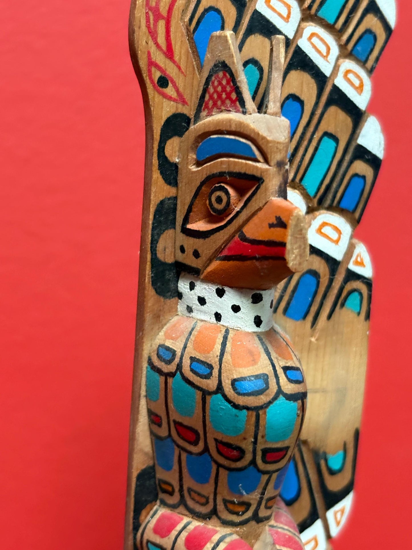 Amazing 12 x 8 indigenous first nation specific north West Coast painted cedar transformation totem pole by Ronnie George - wow - as is nos