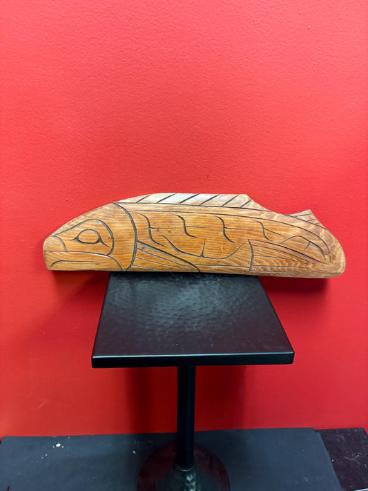 Lovely indigenous first nation Pacific north West Coast signed Steve Sylvester 15 x 4 cedar salmon   needs hanger and great value
