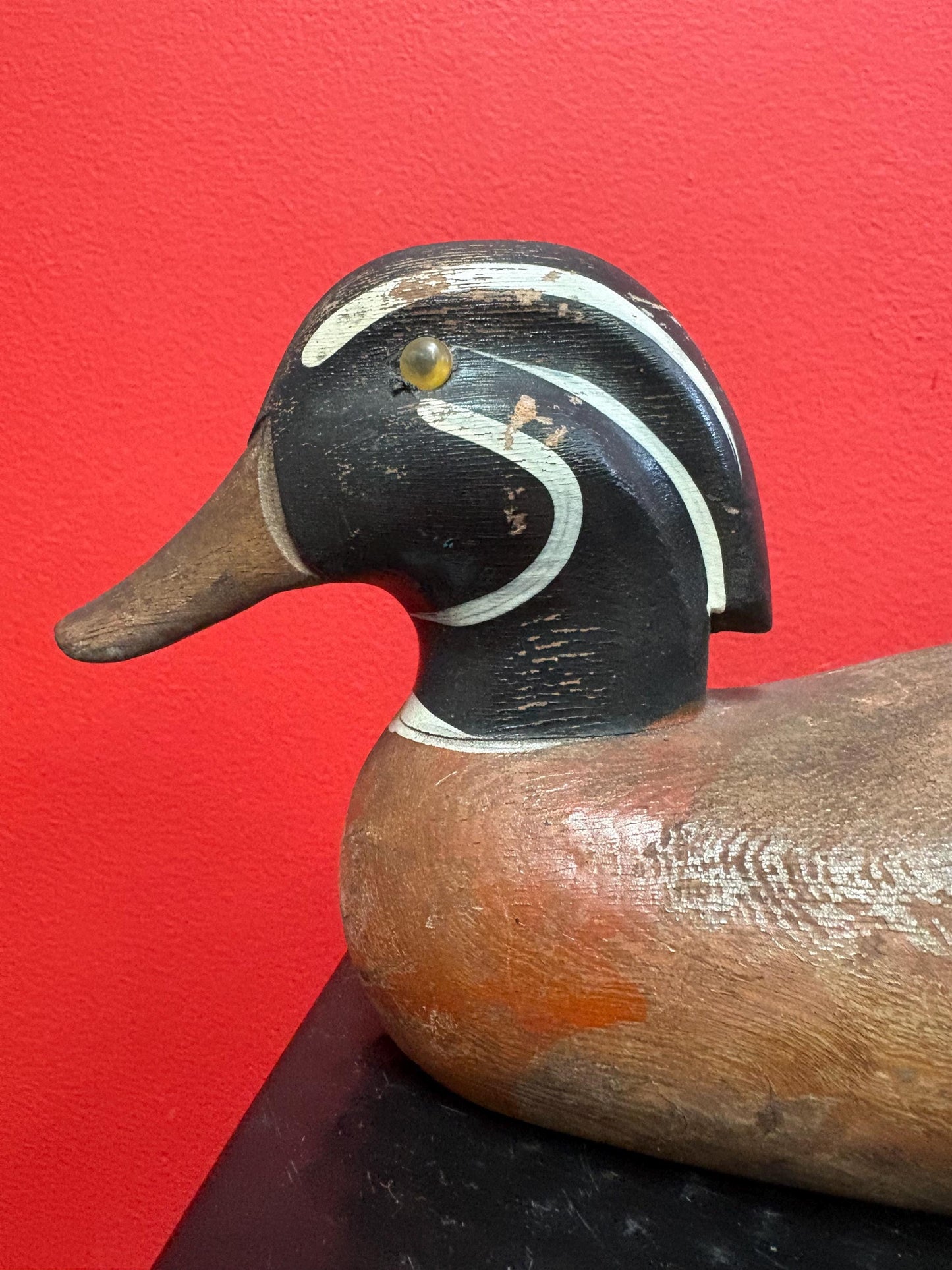 Beautiful antique 11 inch long Canadian wood duck decoy statue with great Patina