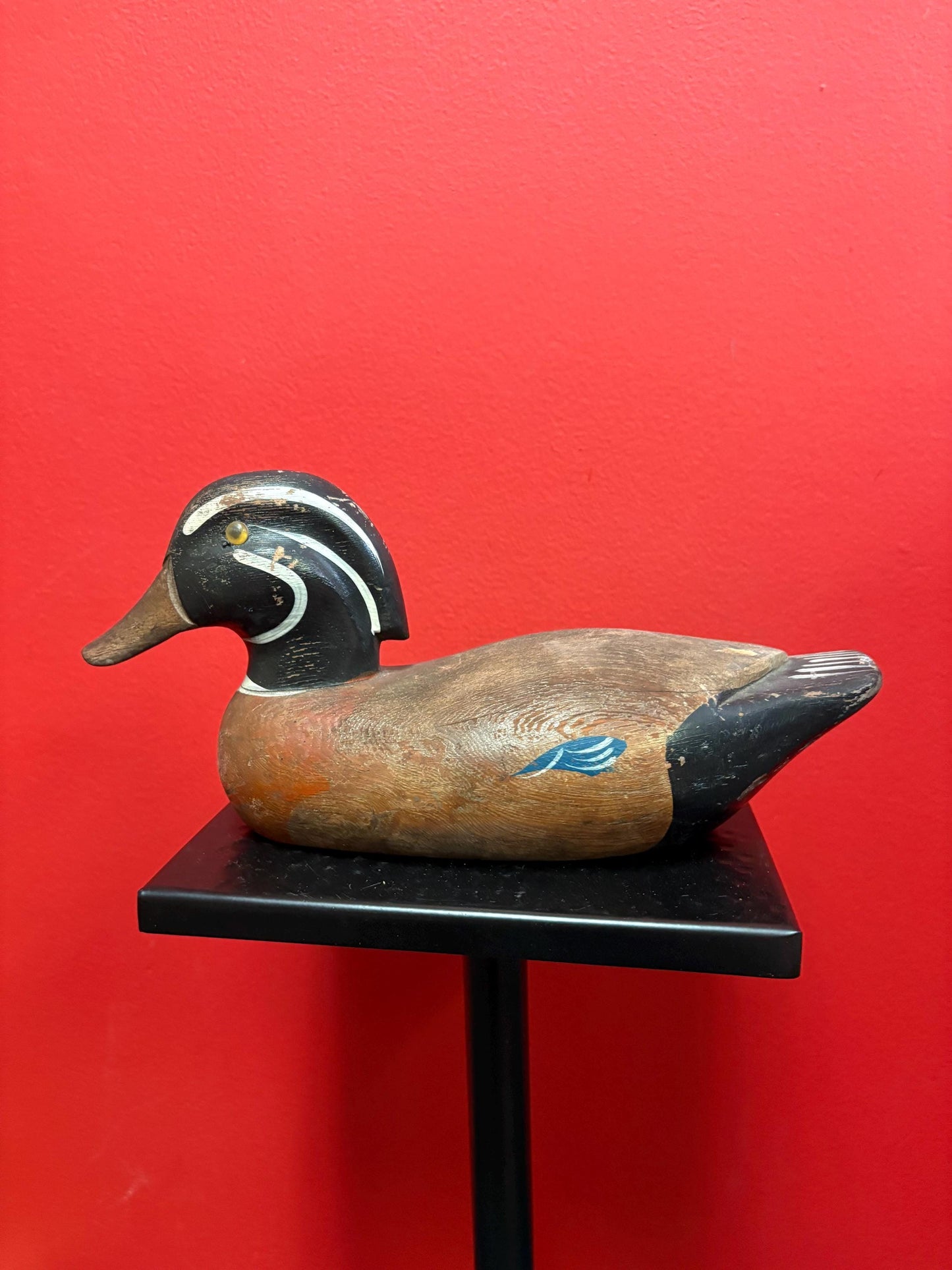Beautiful antique 11 inch long Canadian wood duck decoy statue with great Patina