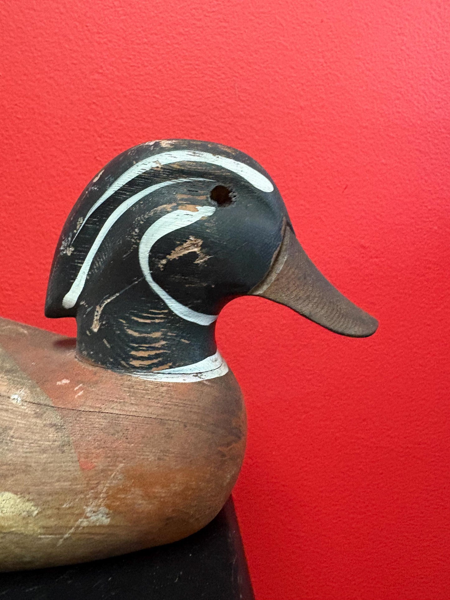 Beautiful antique 11 inch long Canadian wood duck decoy statue with great Patina
