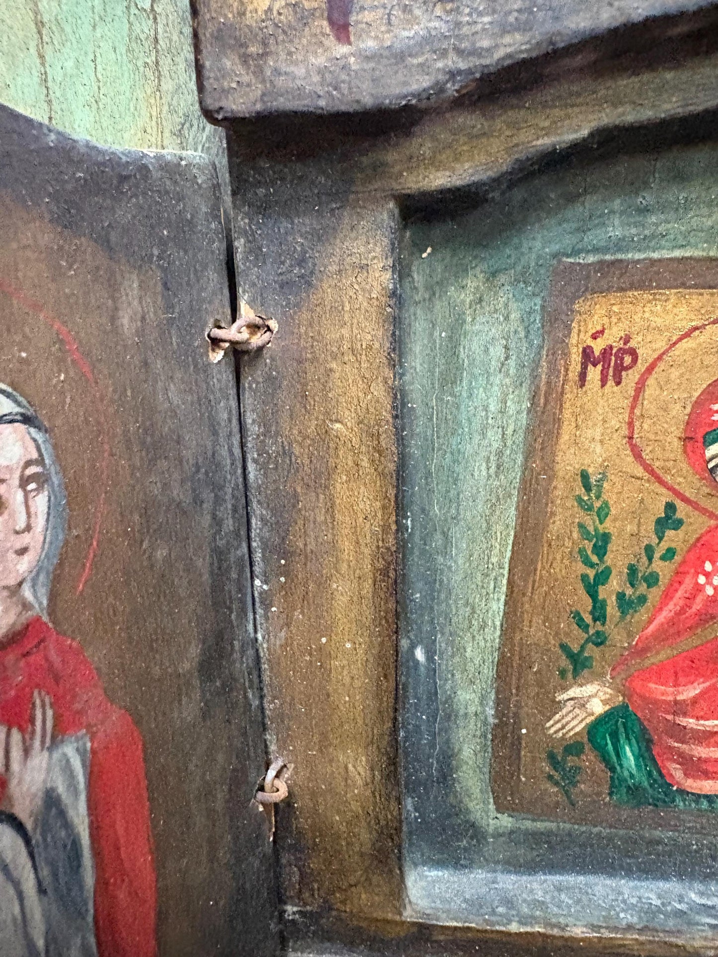 Fabulous antique 18th century 16 x 11 inch wide folk art style Russian icon very unusual design and wonderful imagery can hang