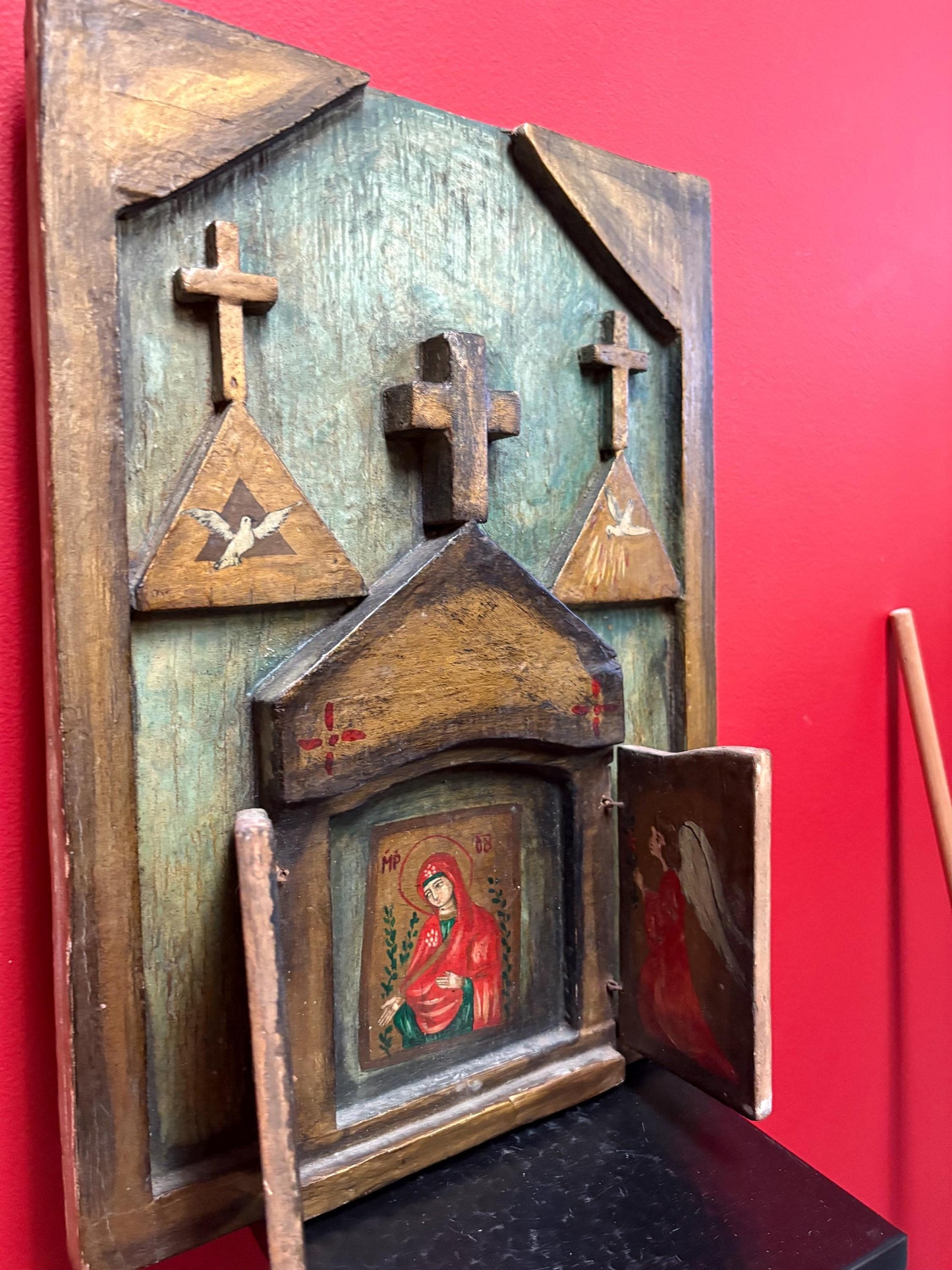 Fabulous antique 18th century 16 x 11 inch wide folk art style Russian icon very unusual design and wonderful imagery can hang