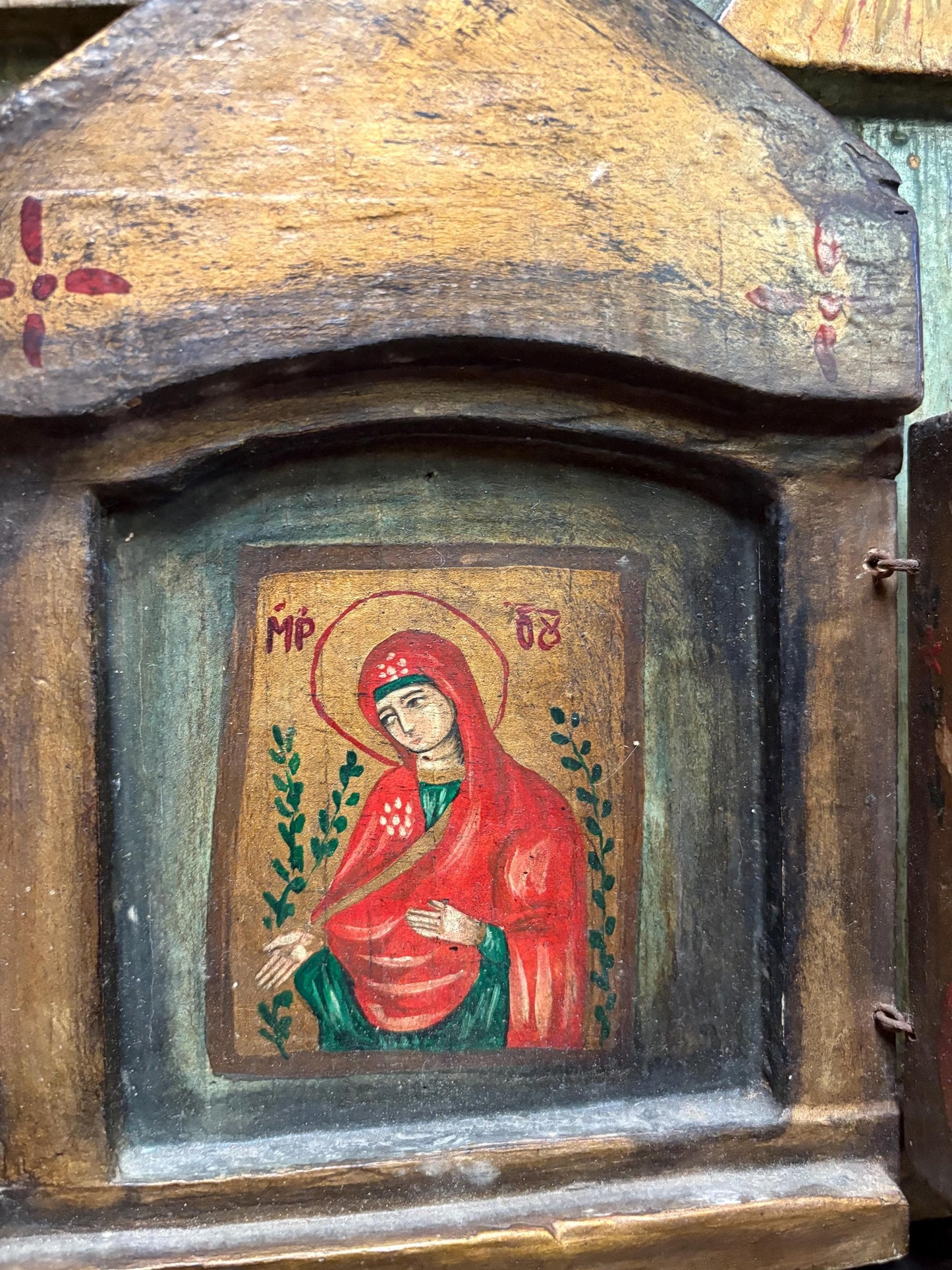 Fabulous antique 18th century 16 x 11 inch wide folk art style Russian icon very unusual design and wonderful imagery can hang