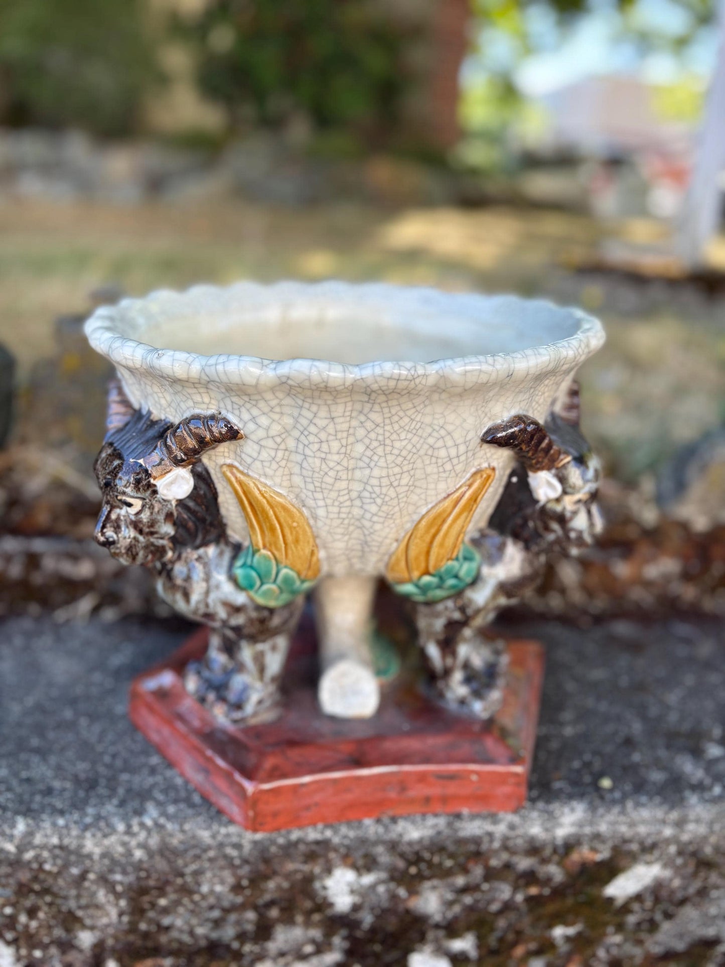 Stunning French majolica signed 19th century majolica bowl planter with goat motifs fabulous condition wow 11 x 11