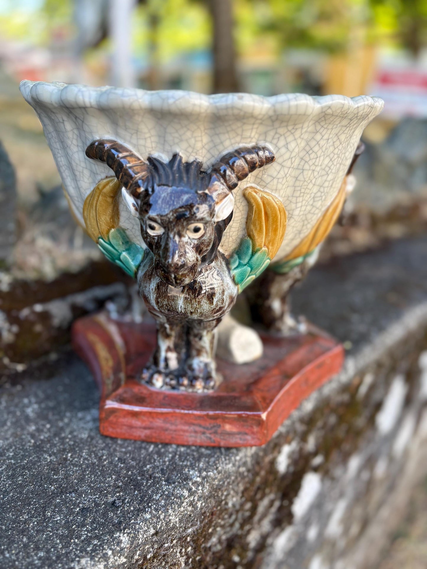 Stunning French majolica signed 19th century majolica bowl planter with goat motifs fabulous condition wow 11 x 11