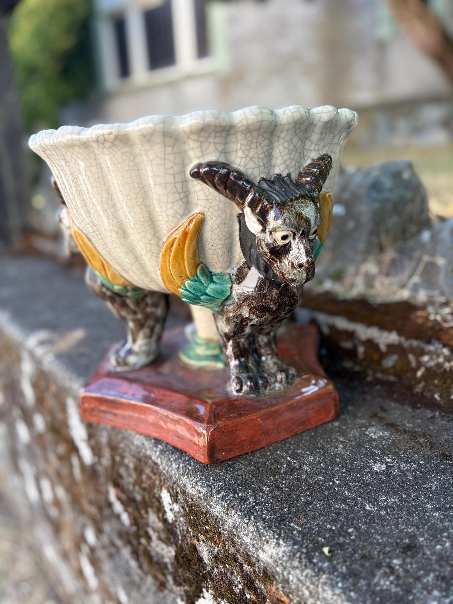 Stunning French majolica signed 19th century majolica bowl planter with goat motifs fabulous condition wow 11 x 11