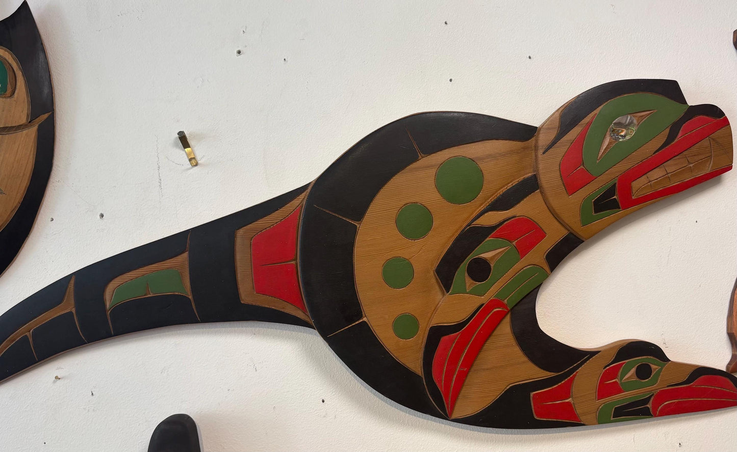 Stunning indigenous first nations, Pacific Northwest coast signed 28 x 12 wide cedar killer whale transformation plaque with abalone wow