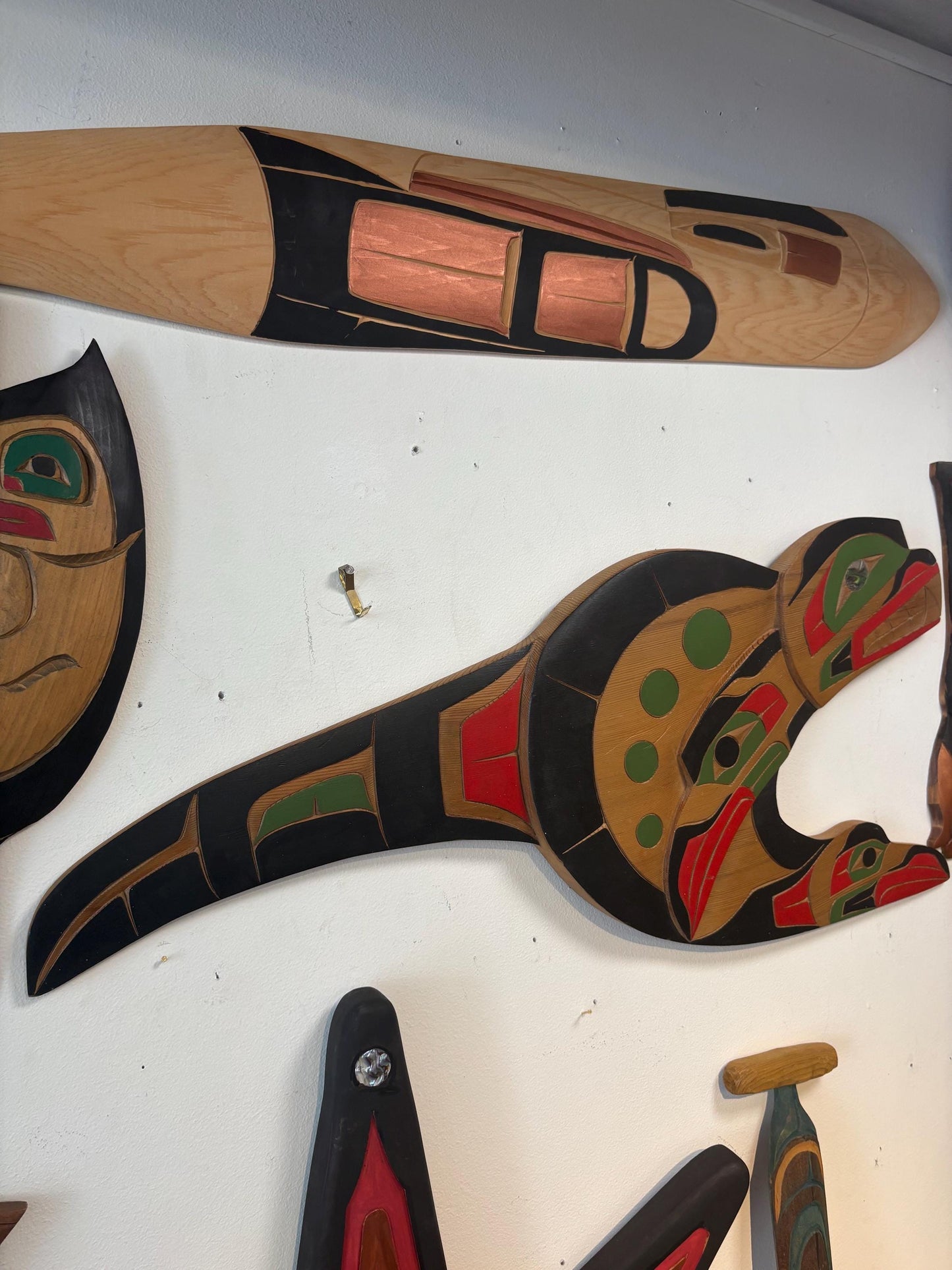 Stunning indigenous first nations, Pacific Northwest coast signed 28 x 12 wide cedar killer whale transformation plaque with abalone wow
