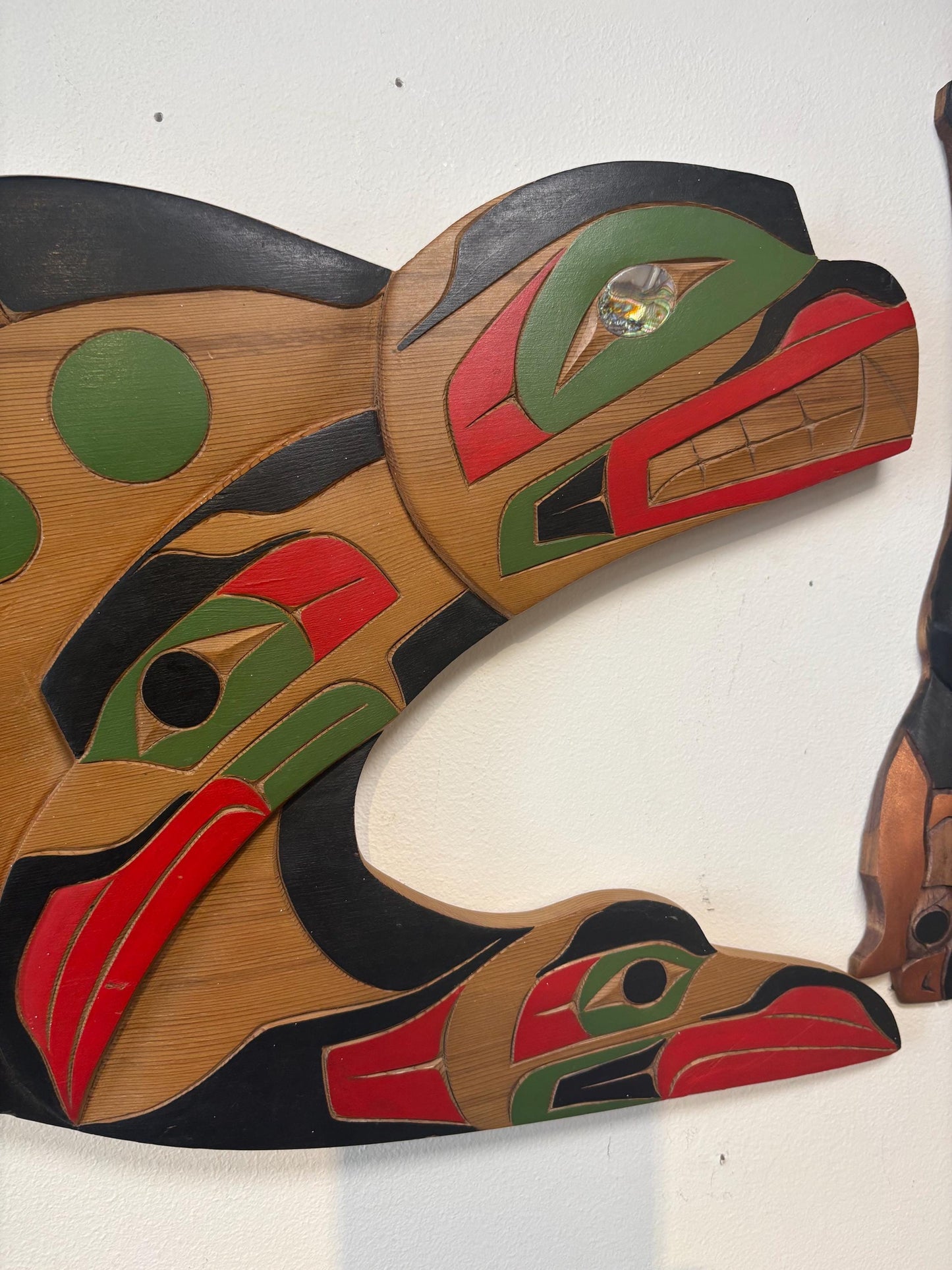 Stunning indigenous first nations, Pacific Northwest coast signed 28 x 12 wide cedar killer whale transformation plaque with abalone wow