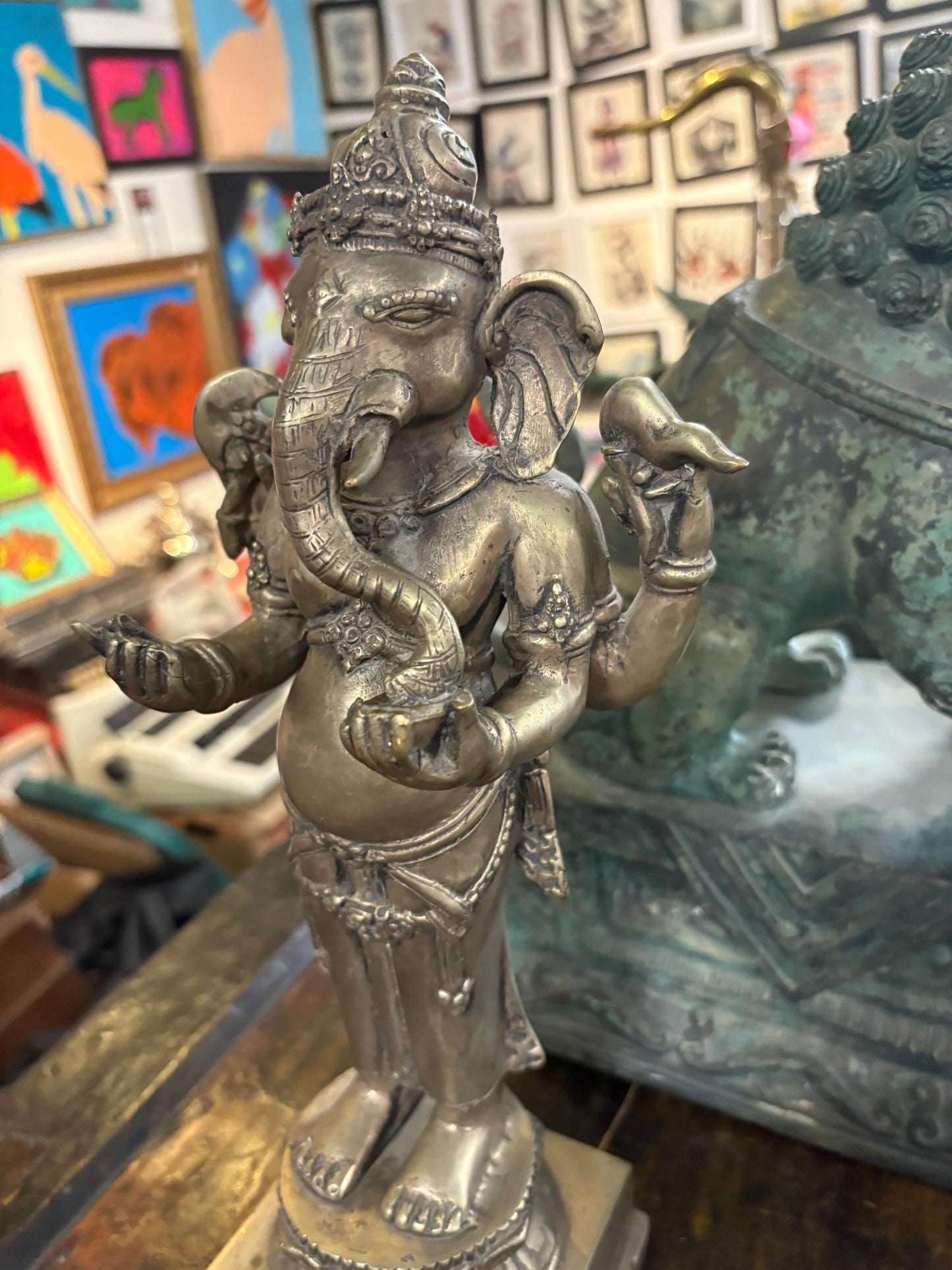 Stunning vinatge silver metal heavy 13 x 4 inch wide Ganesh statue great condition and detail wonderful example - RS