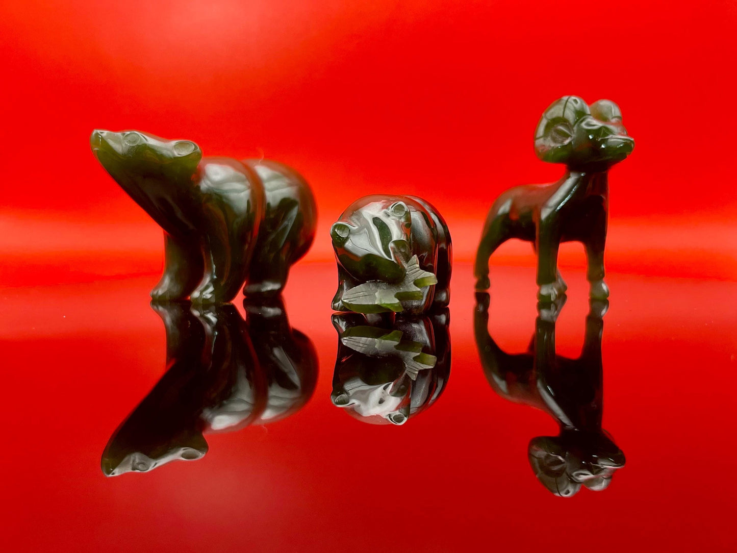 Set of 3 BC Jade Animal Figurines Hand-Carved Bear, Ram & Bear with Fish