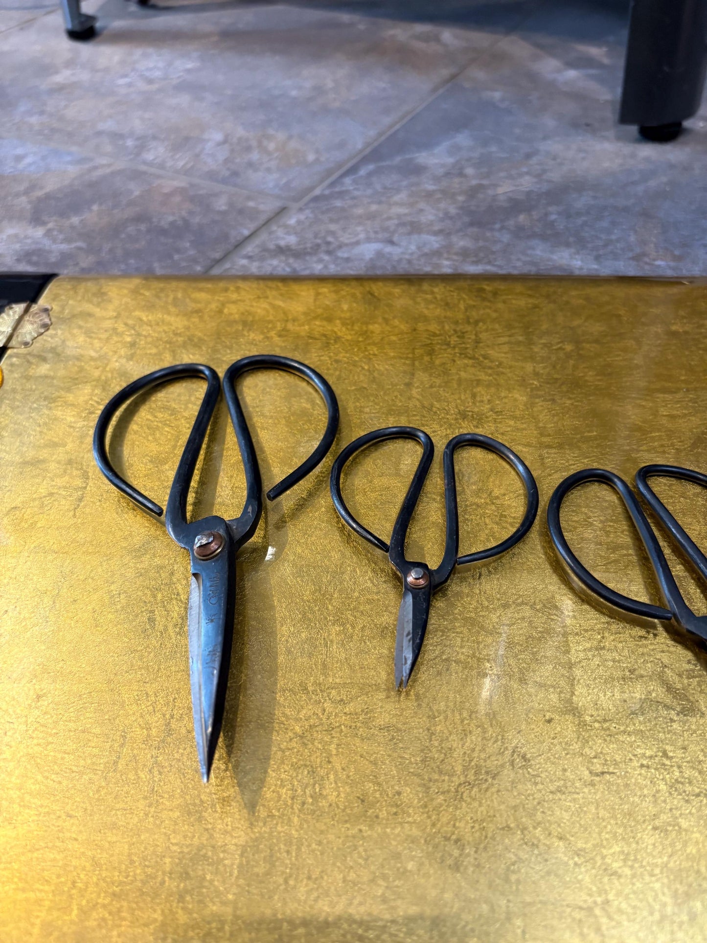 Fabulous lot of three Japanese antique bonsai scissors - good antique condition and largest signed 7 and 4 inches long