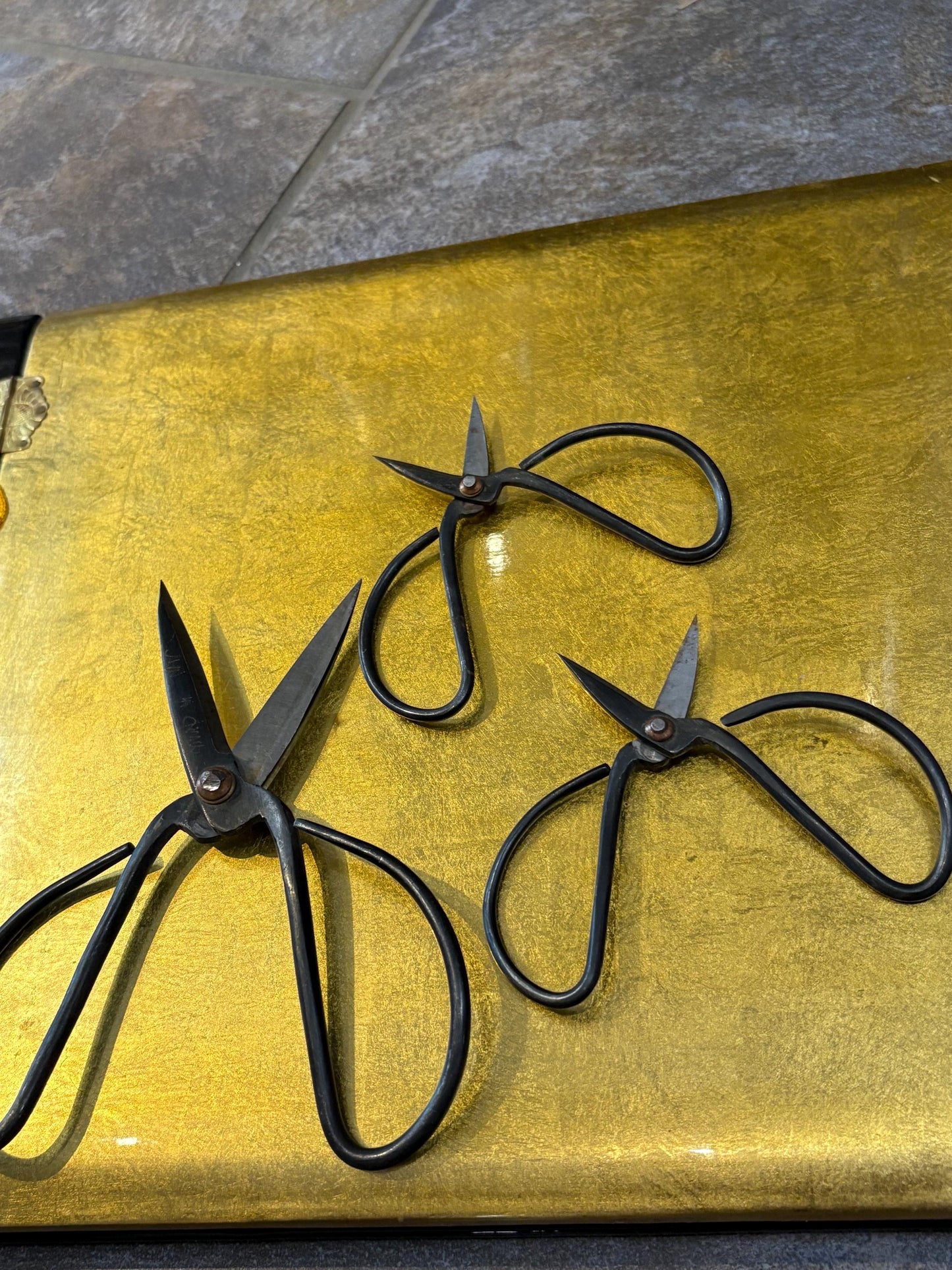 Fabulous lot of three Japanese antique bonsai scissors - good antique condition and largest signed 7 and 4 inches long