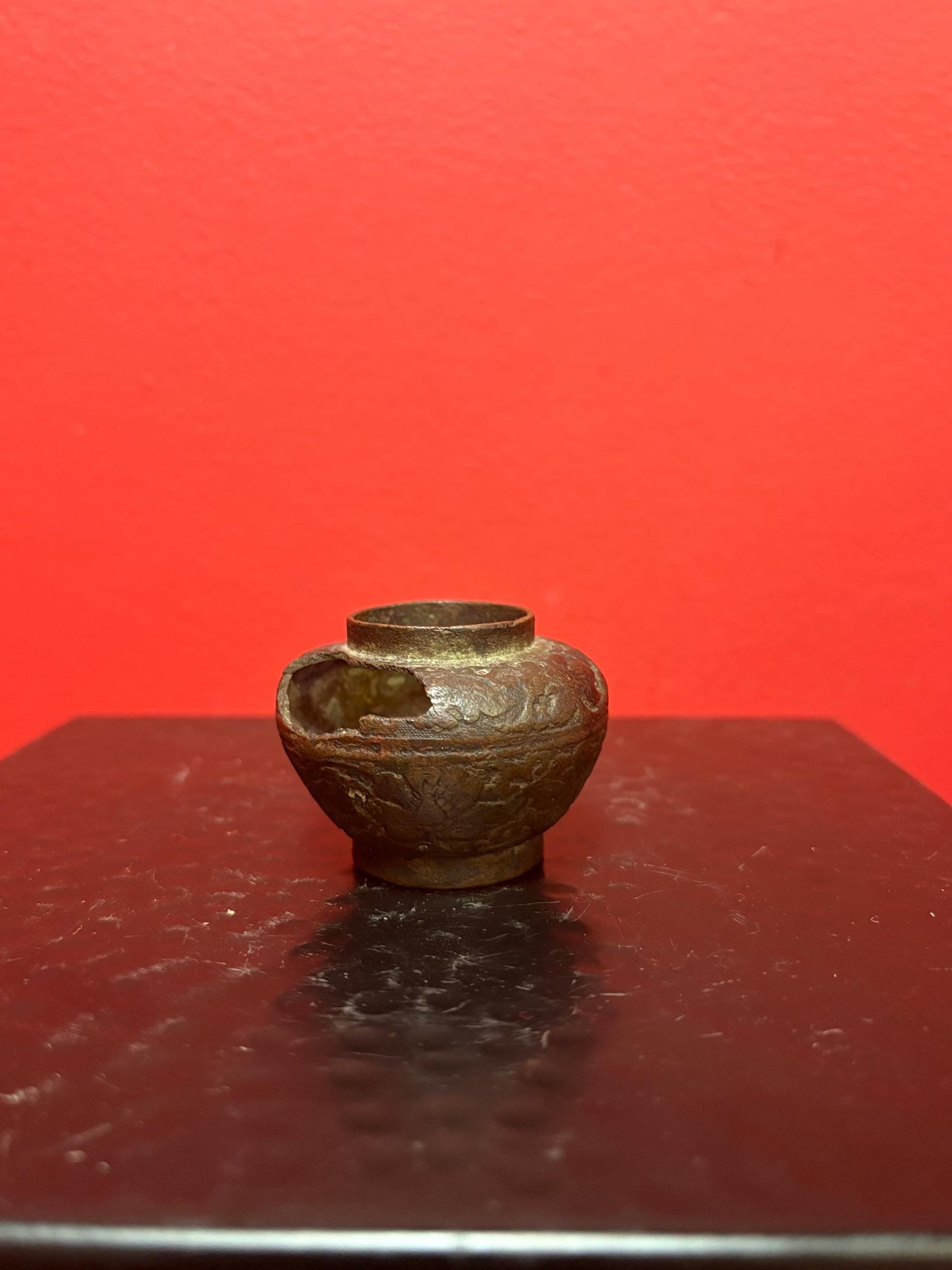 Fabulous museum quality 2 inch high Ming dynasty bronze vase wonderful patina and natural eroded damage from my personal collection