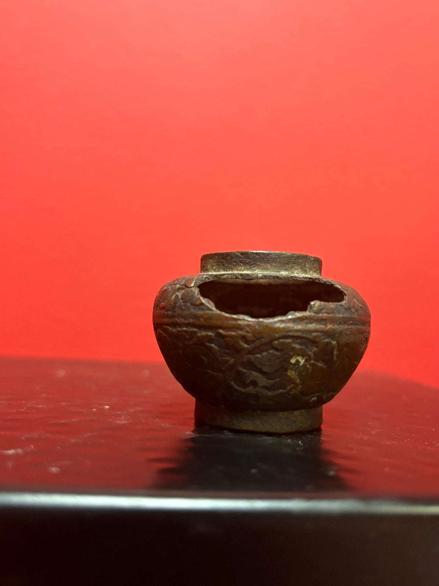 Fabulous museum quality 2 inch high Ming dynasty bronze vase wonderful patina and natural eroded damage from my personal collection