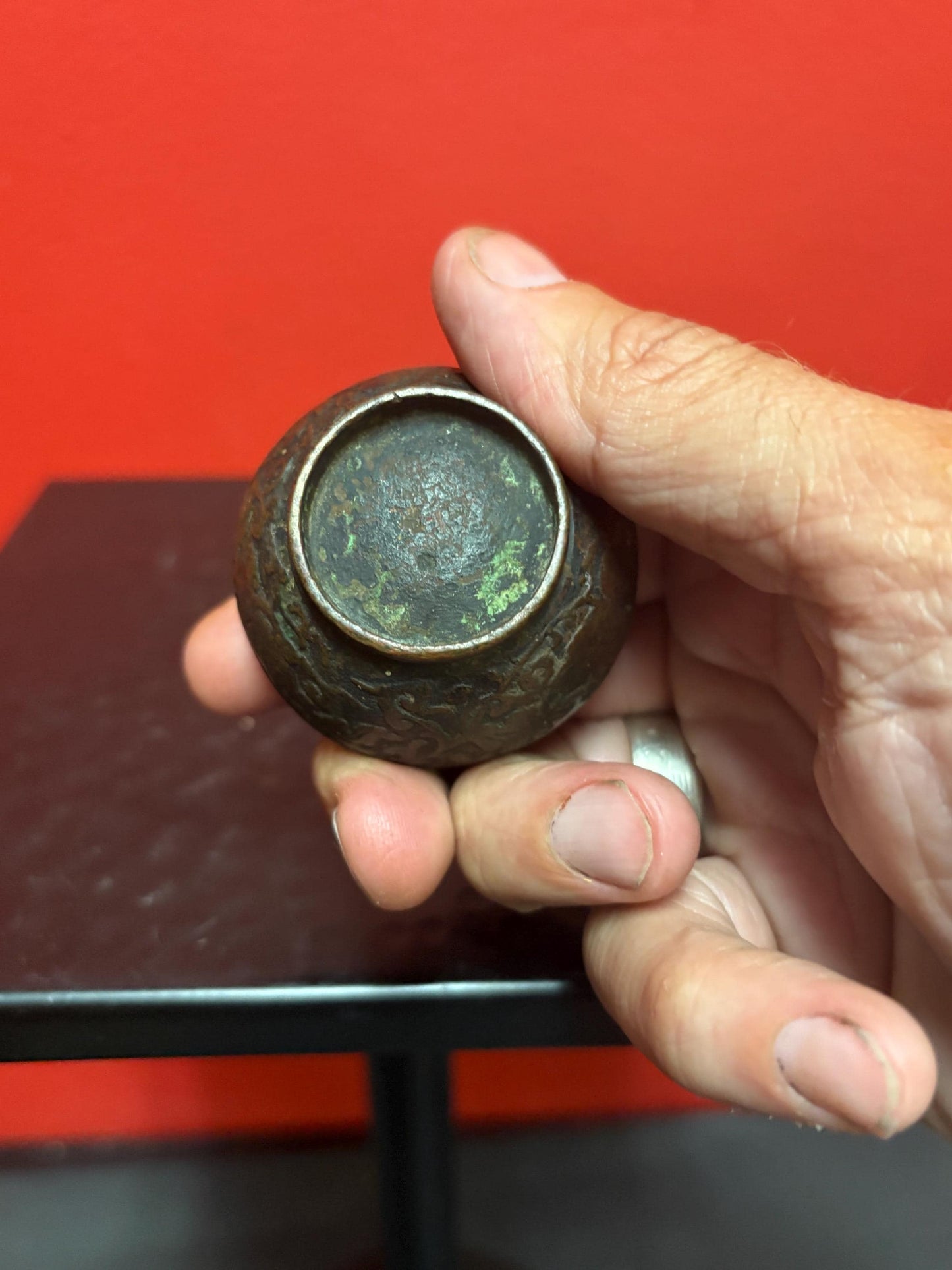 Fabulous museum quality 2 inch high Ming dynasty bronze vase wonderful patina and natural eroded damage from my personal collection