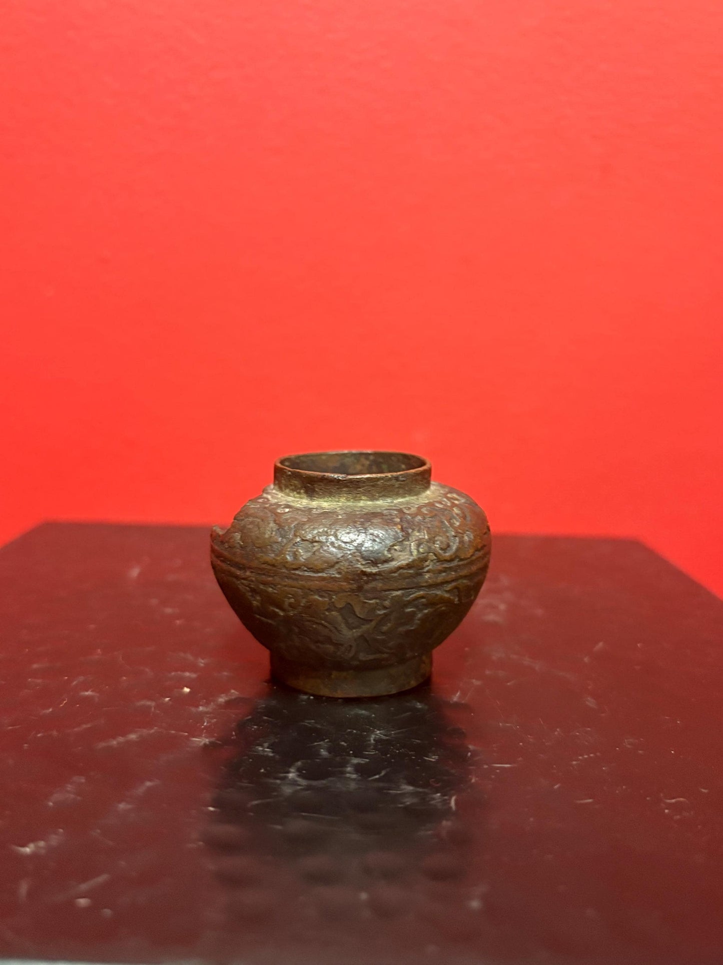 Fabulous museum quality 2 inch high Ming dynasty bronze vase wonderful patina and natural eroded damage from my personal collection