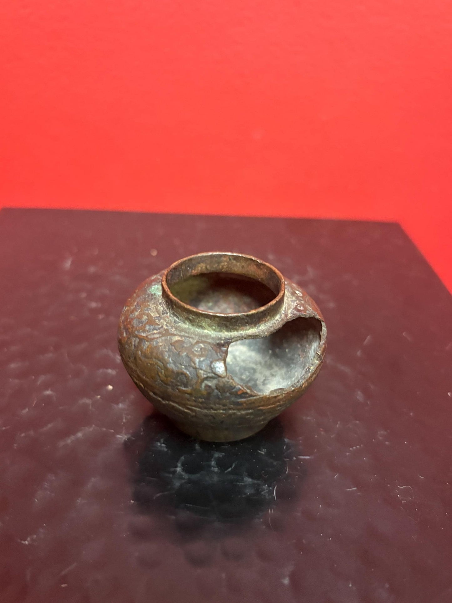 Fabulous museum quality 2 inch high Ming dynasty bronze vase wonderful patina and natural eroded damage from my personal collection
