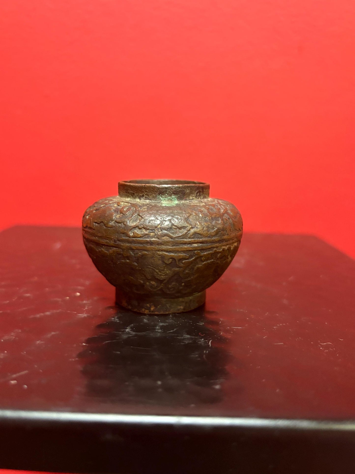 Fabulous museum quality 2 inch high Ming dynasty bronze vase wonderful patina and natural eroded damage from my personal collection