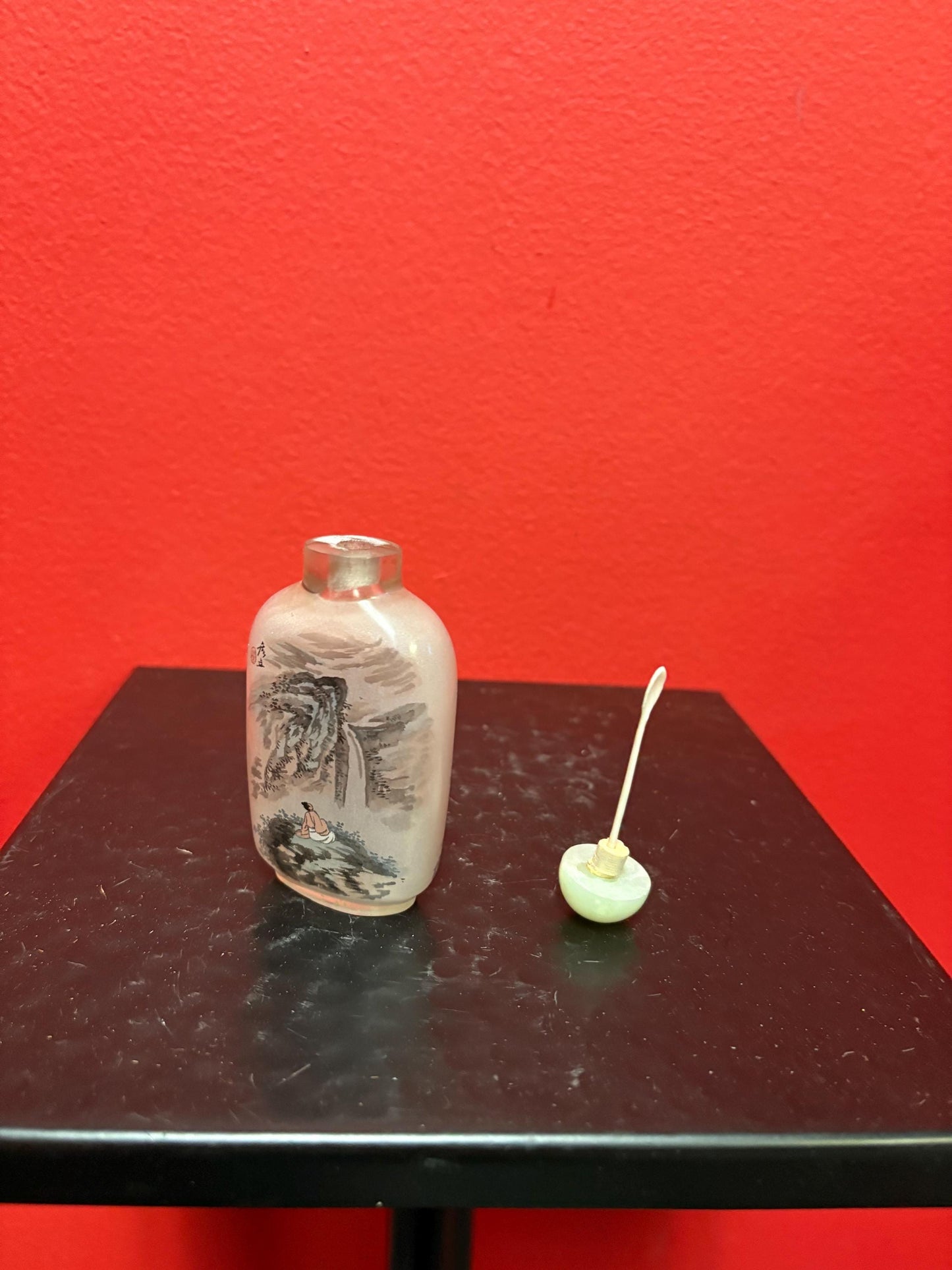 Lovely signed reverse painted Chinese snuff bottle with Jade top 3.5 inches tall great value - B