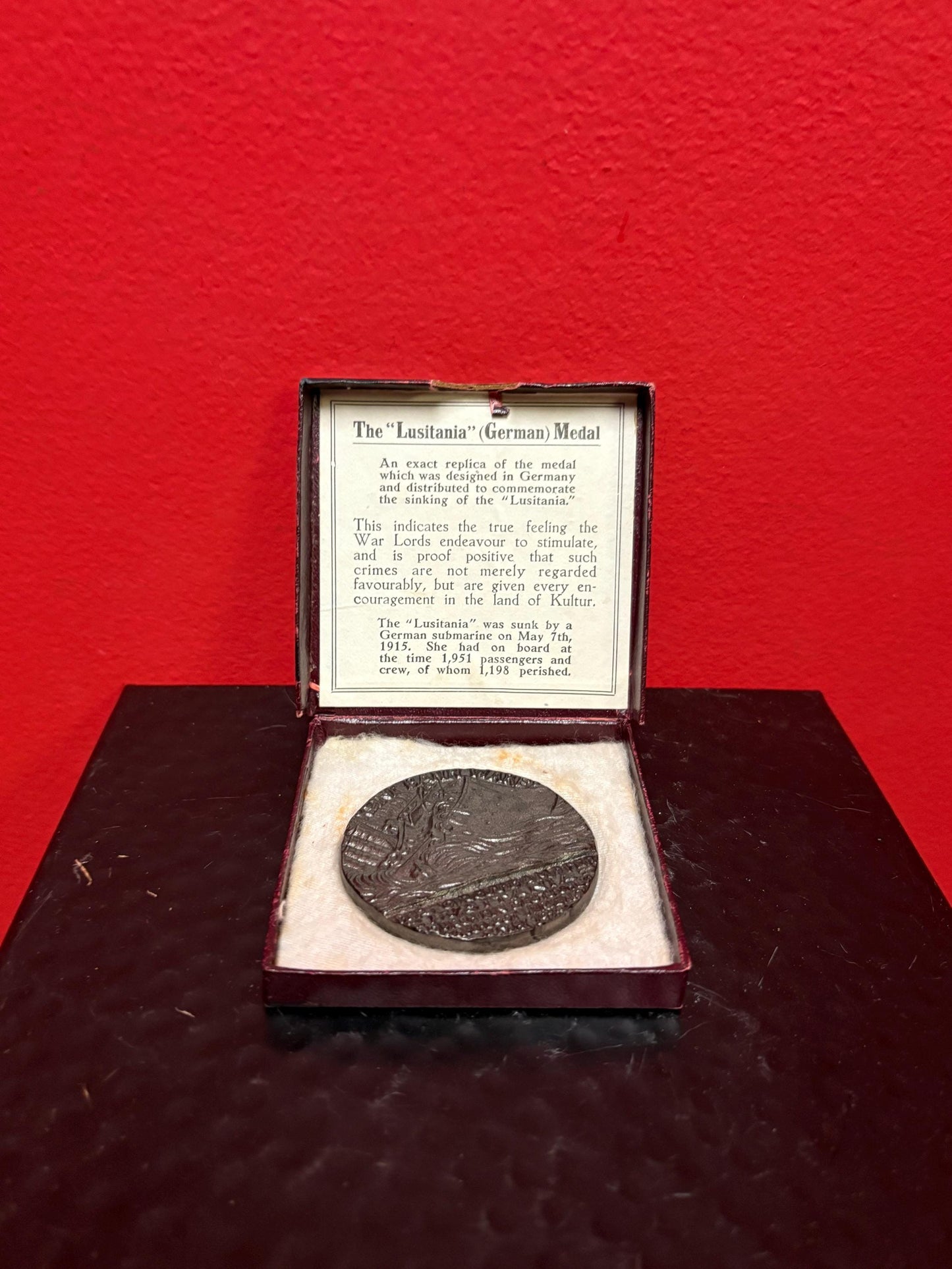 Beautiful German naval bronze 2.5 inch medal celebrating the LUSITANIA with paperwork in original box German naval memorabilia