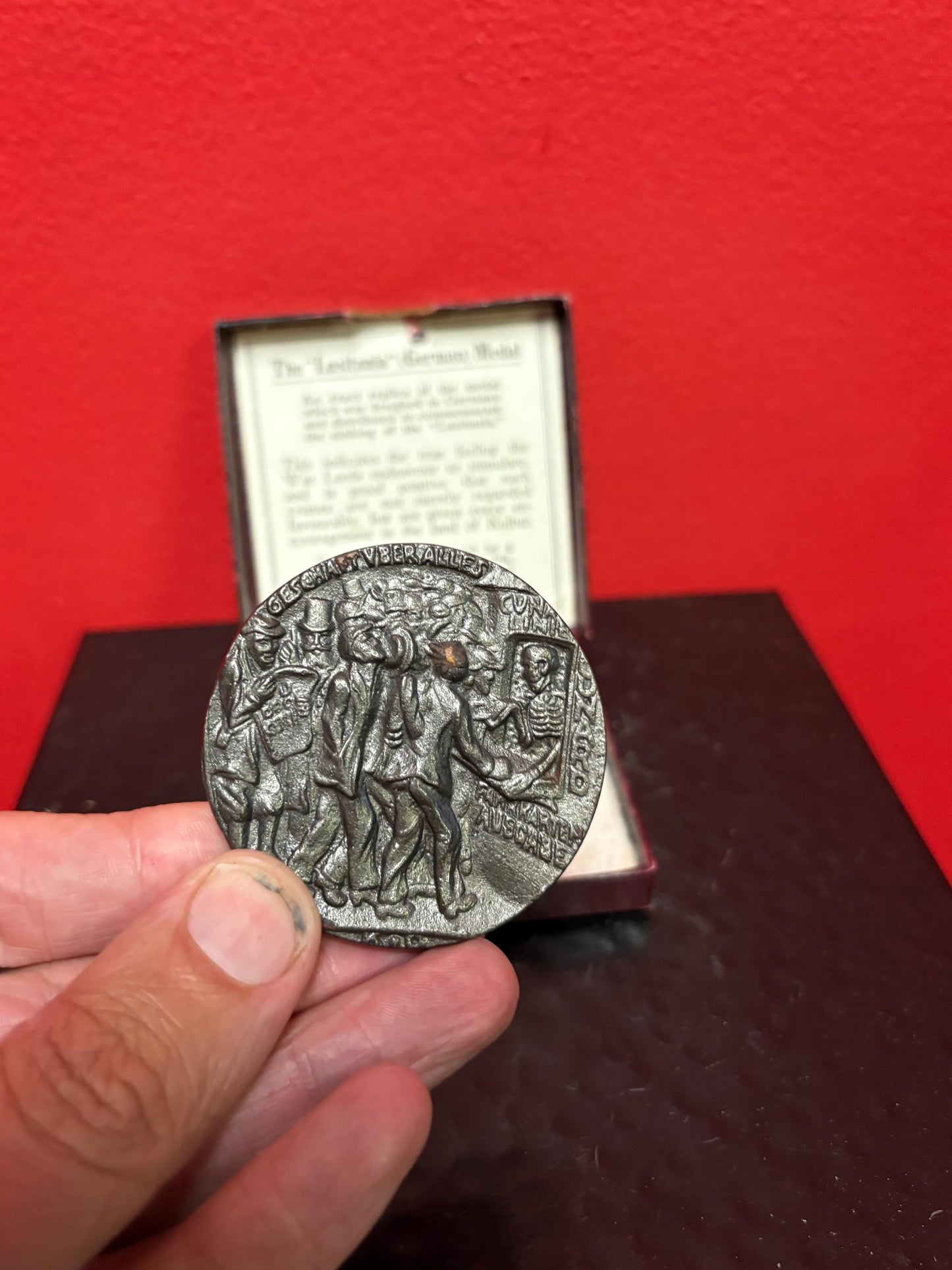 Beautiful German naval bronze 2.5 inch medal celebrating the LUSITANIA with paperwork in original box German naval memorabilia