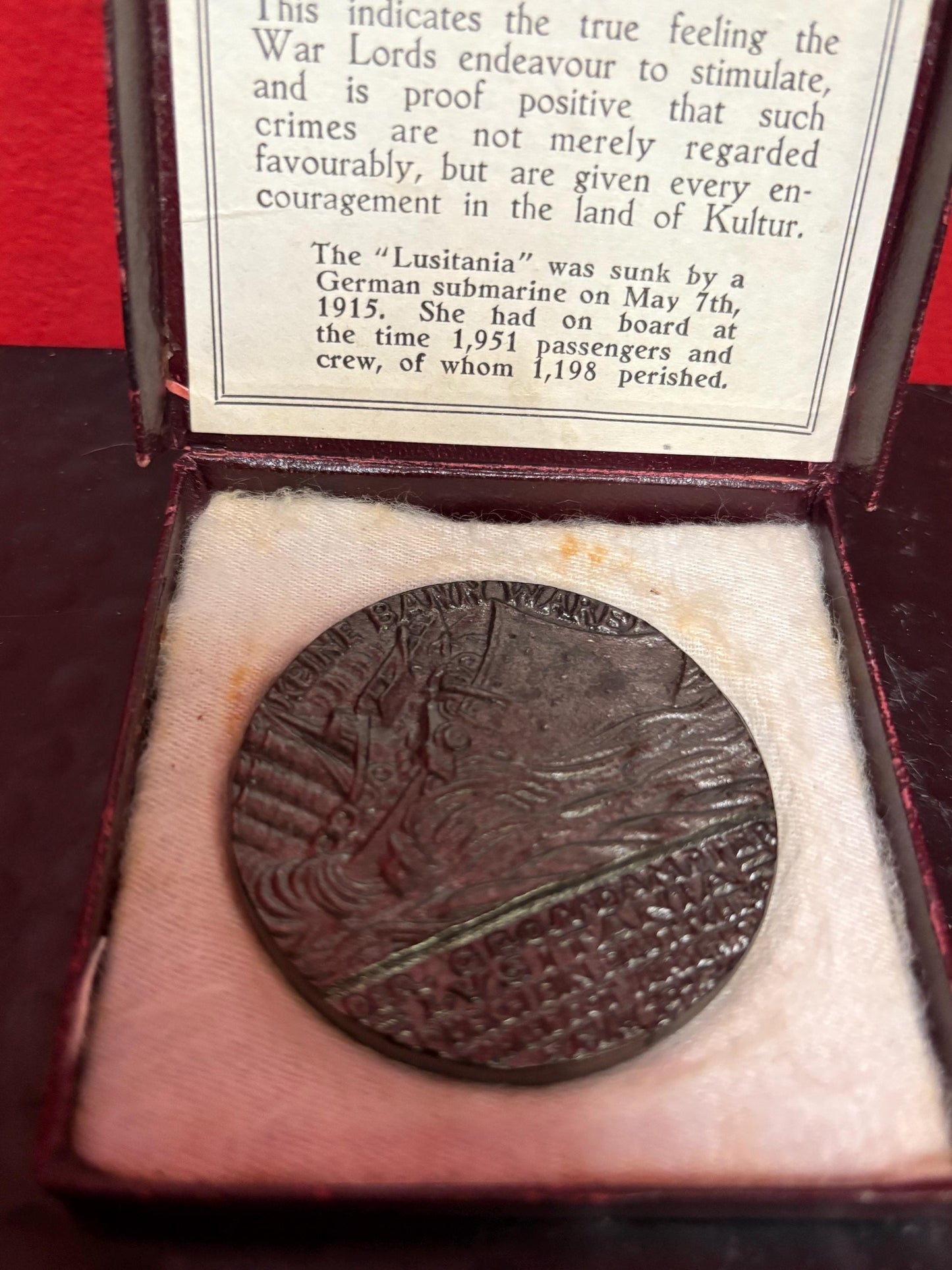 Beautiful German naval bronze 2.5 inch medal celebrating the LUSITANIA with paperwork in original box German naval memorabilia