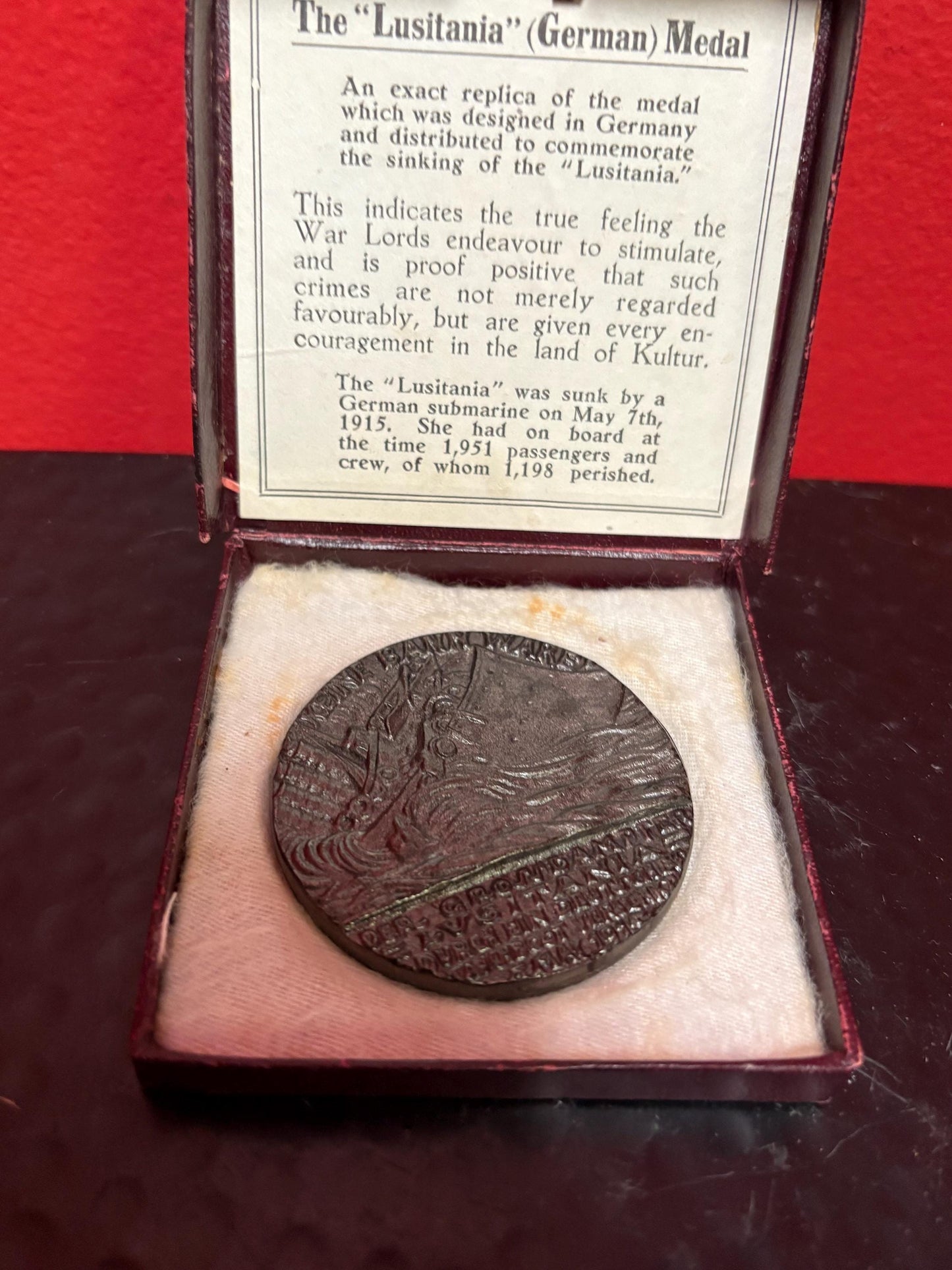 Beautiful German naval bronze 2.5 inch medal celebrating the LUSITANIA with paperwork in original box German naval memorabilia