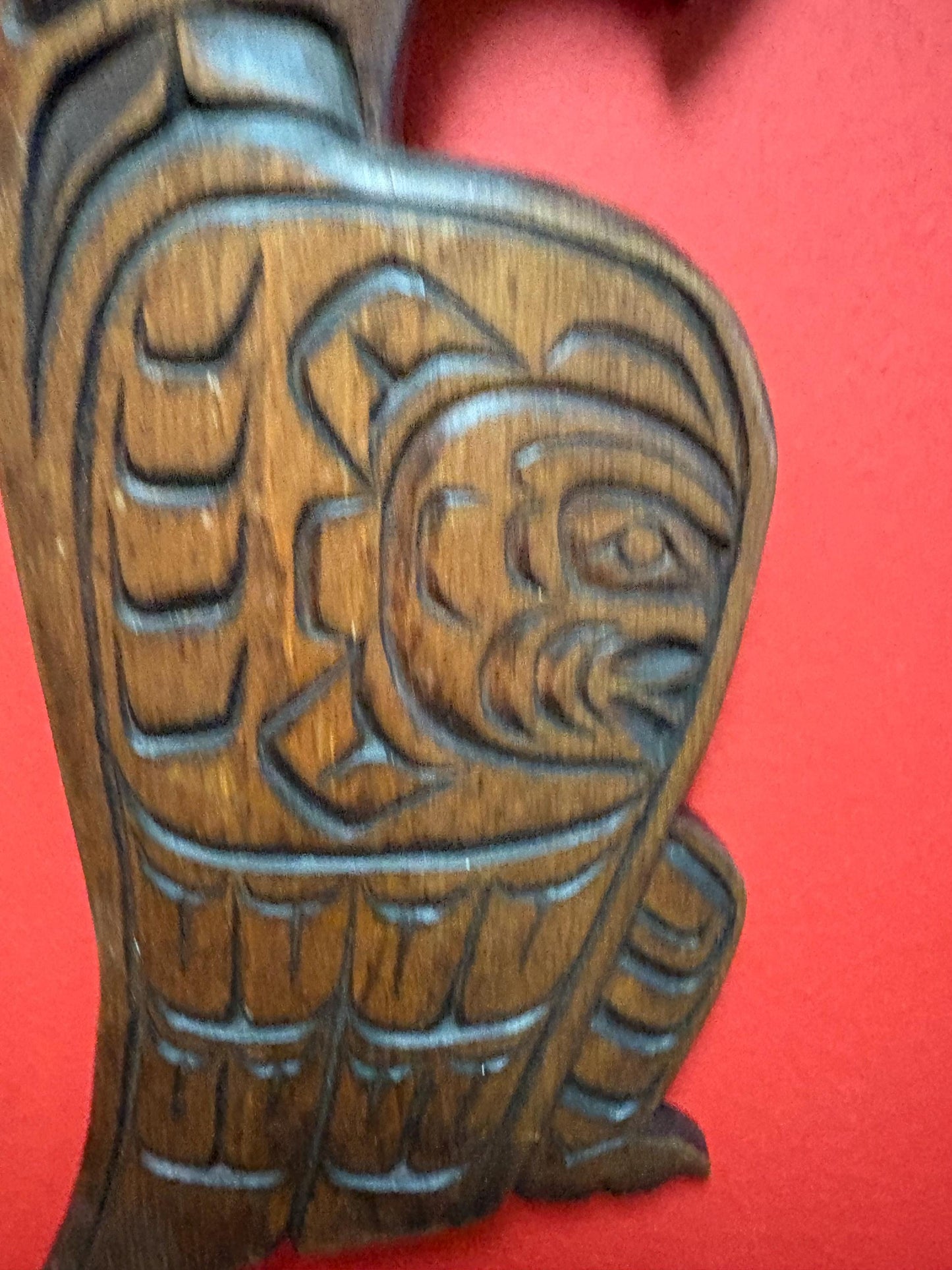 Beautiful signed 12 x 4.5 inch high Indigenous First Nations cedar eagle and sun mask plaque  great detail  highly detailed