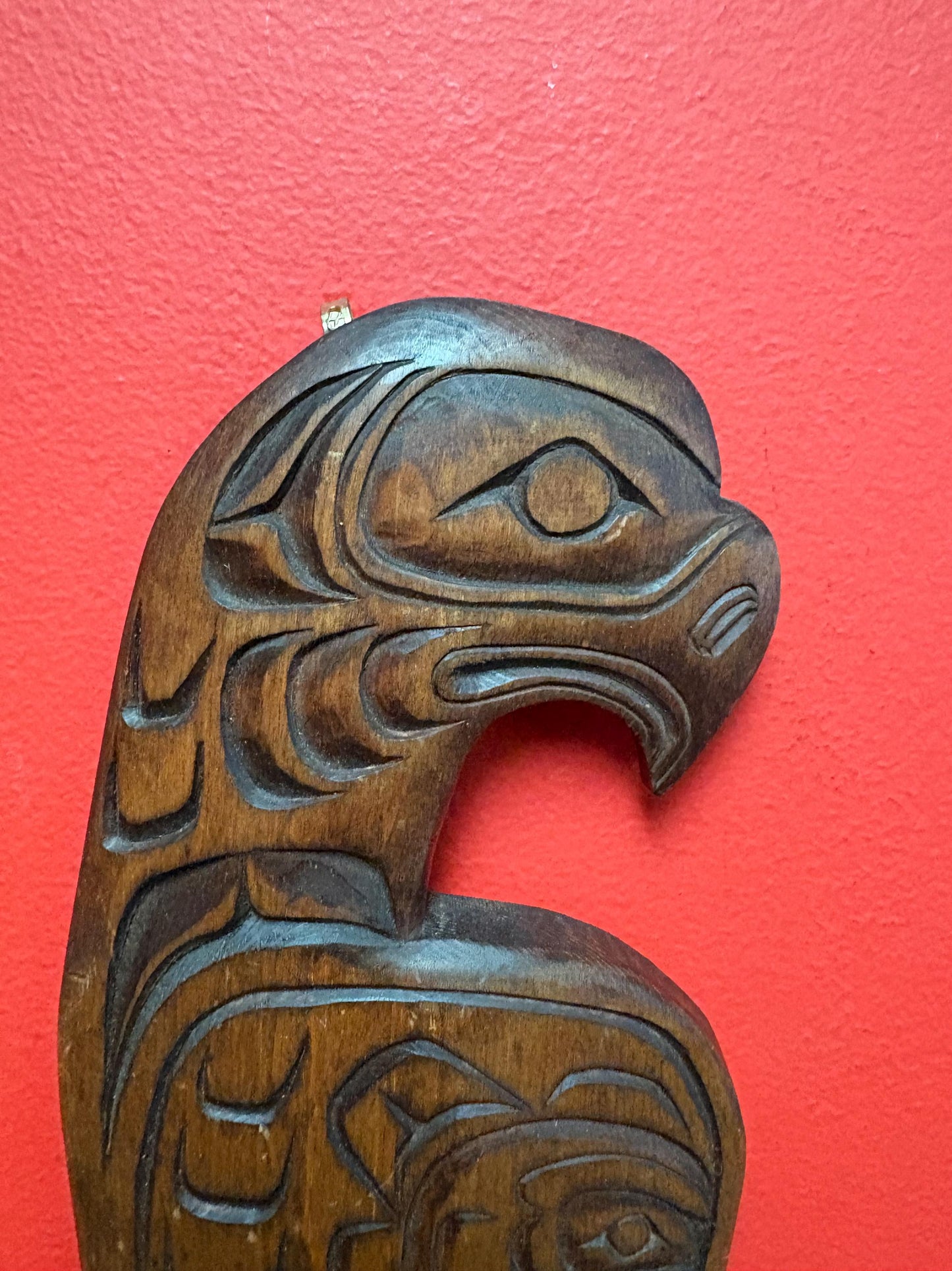 Beautiful signed 12 x 4.5 inch high Indigenous First Nations cedar eagle and sun mask plaque  great detail  highly detailed