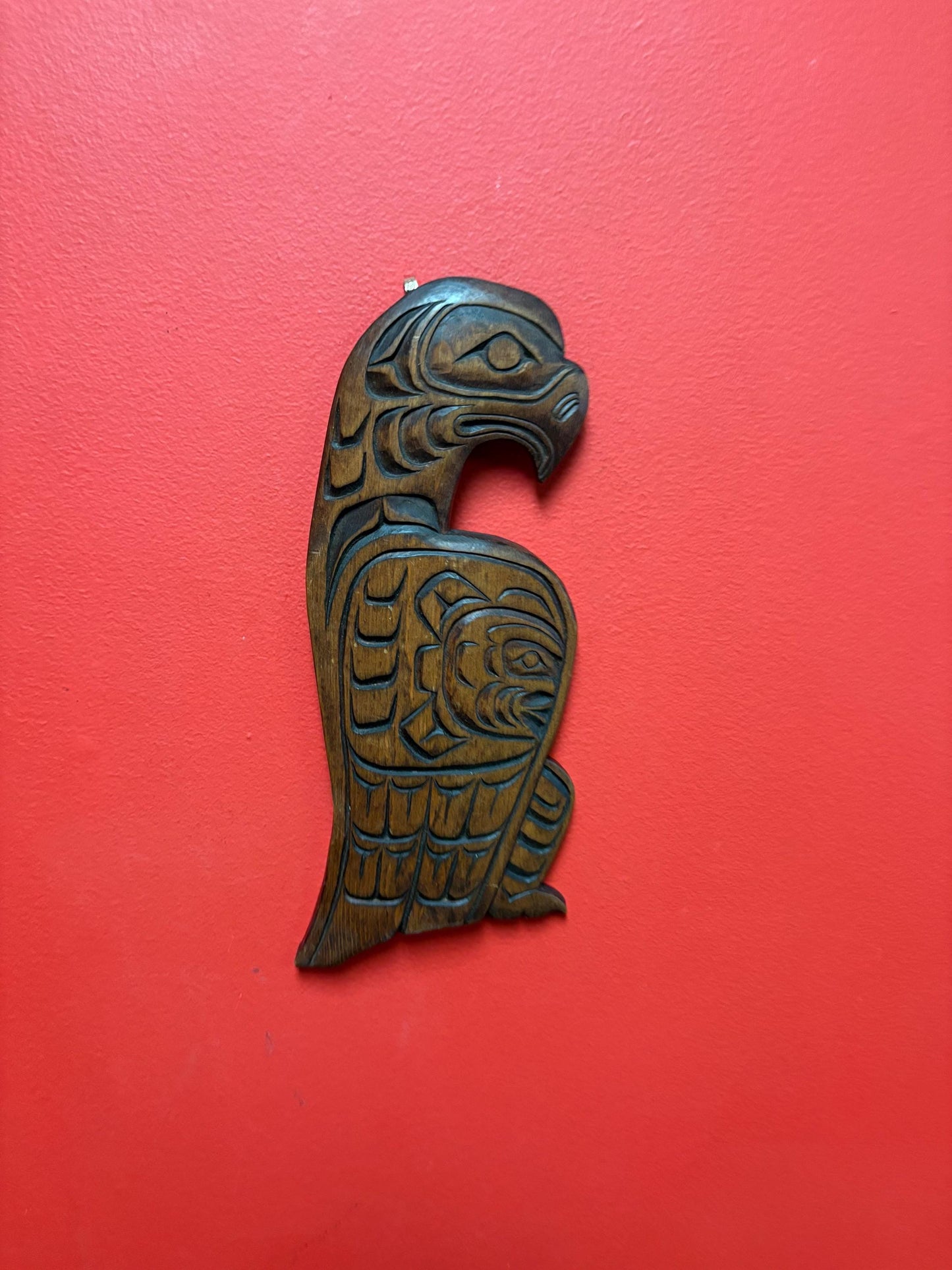 Beautiful signed 12 x 4.5 inch high Indigenous First Nations cedar eagle and sun mask plaque  great detail  highly detailed