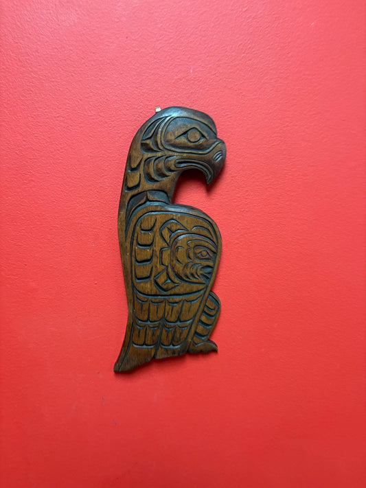 Beautiful signed 12 x 4.5 inch high Indigenous First Nations cedar eagle and sun mask plaque  great detail  highly detailed
