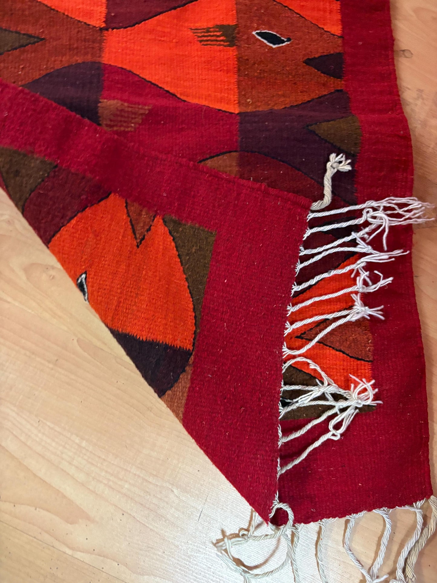 Beautiful vintage Zapotec Oaxacan fringed wool textile ready to hang or lay down in great condition - MCM beauty approximately 48 x 24