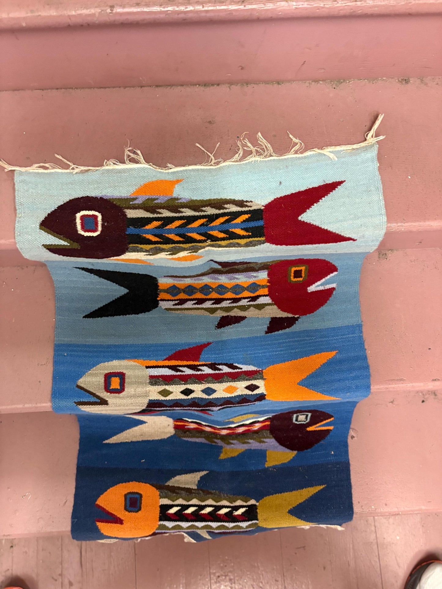 Beautiful Ecuador vintage hundred percent wool textile blanket or wall hanging 41 x 23 - edges frayed great value