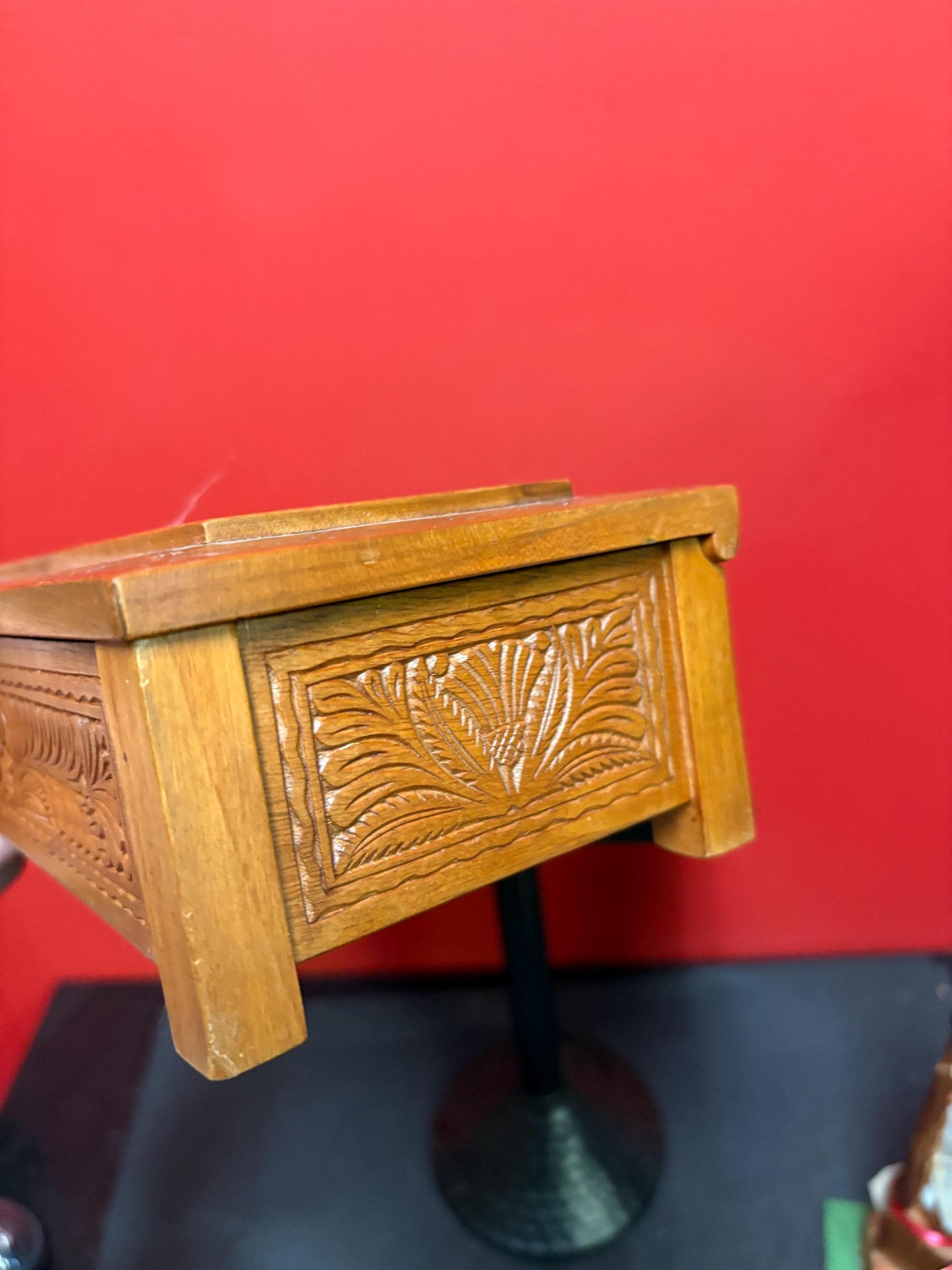 Unique beautiful 10 x 5 x 3 high European 1920s detailed carved box depicting farmers wonderful gift signed on bottom