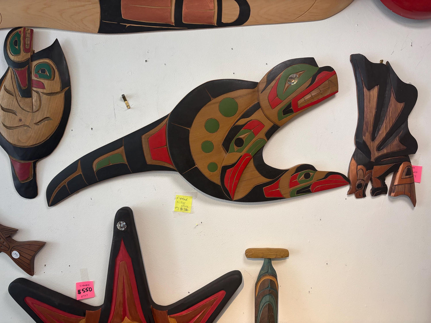 Stunning indigenous first nations, Pacific Northwest coast signed 28 x 12 wide cedar killer whale transformation plaque with abalone wow