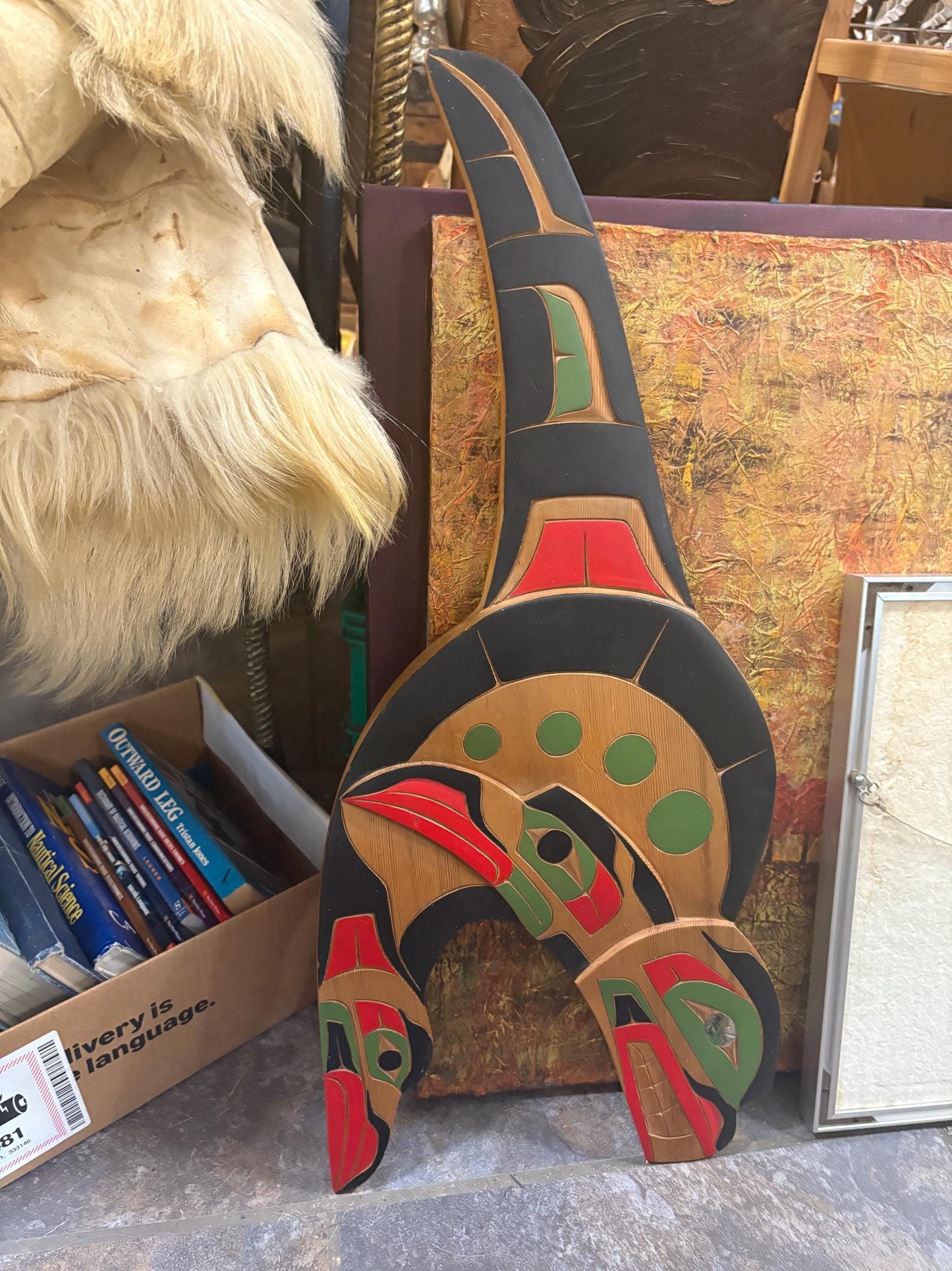 Stunning indigenous first nations, Pacific Northwest coast signed 28 x 12 wide cedar killer whale transformation plaque with abalone wow
