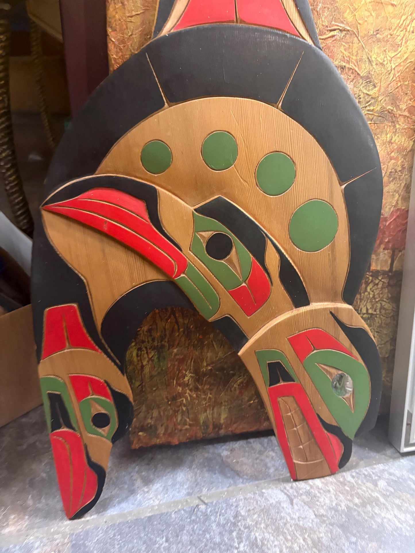 Stunning indigenous first nations, Pacific Northwest coast signed 28 x 12 wide cedar killer whale transformation plaque with abalone wow