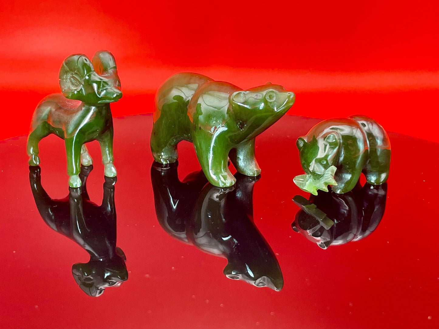 Set of 3 BC Jade Animal Figurines Hand-Carved Bear, Ram & Bear with Fish