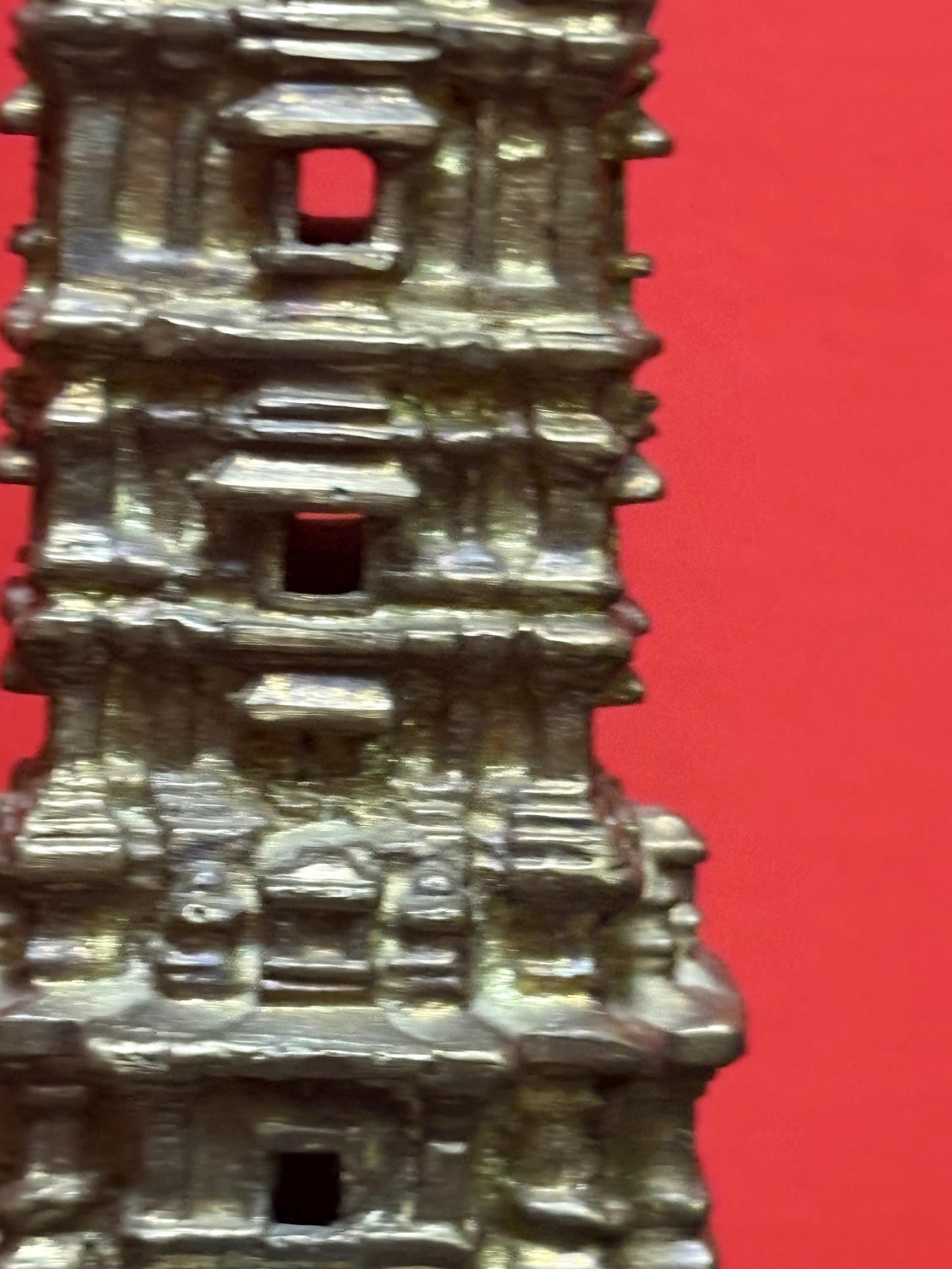 Lovely older Asian bronze temple on wood stand with new screws amazing detail and 10 inches tall real stunner