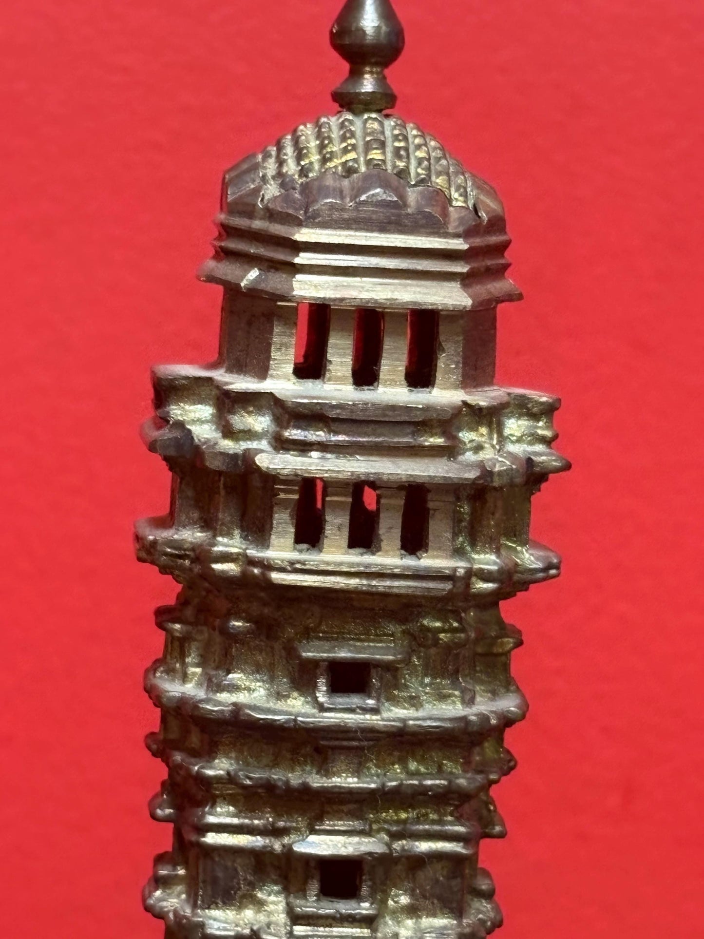 Lovely older Asian bronze temple on wood stand with new screws amazing detail and 10 inches tall real stunner