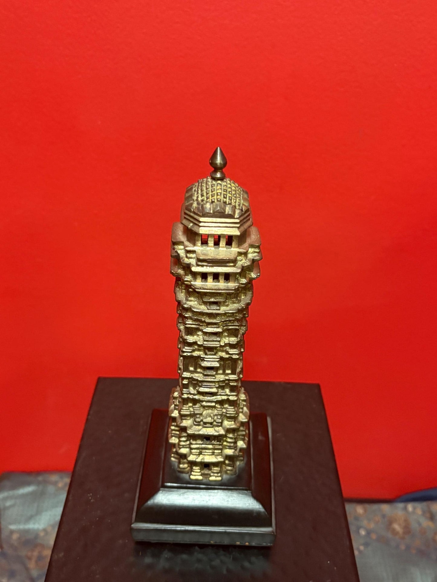 Lovely older Asian bronze temple on wood stand with new screws amazing detail and 10 inches tall real stunner