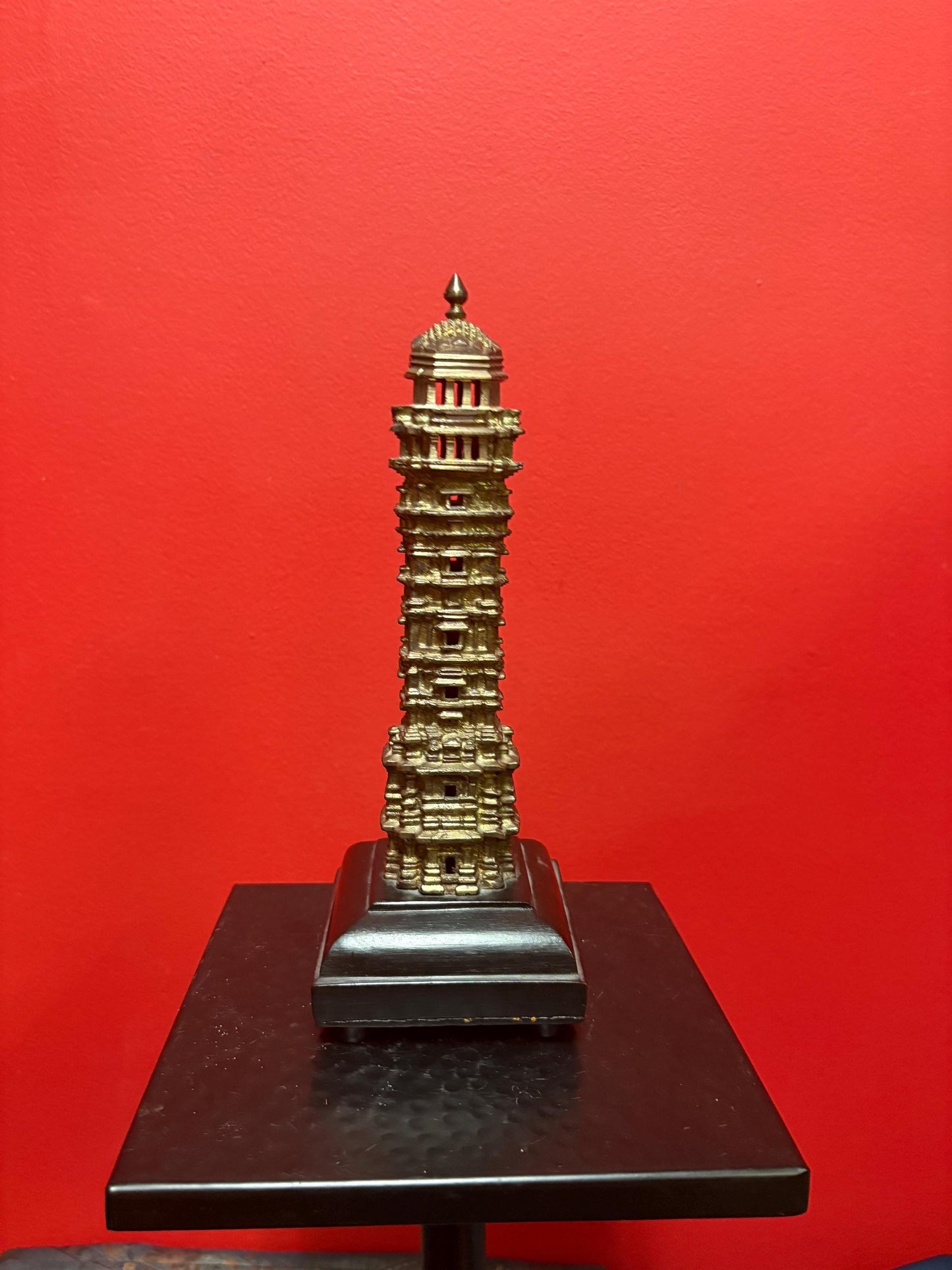 Lovely older Asian bronze temple on wood stand with new screws amazing detail and 10 inches tall real stunner