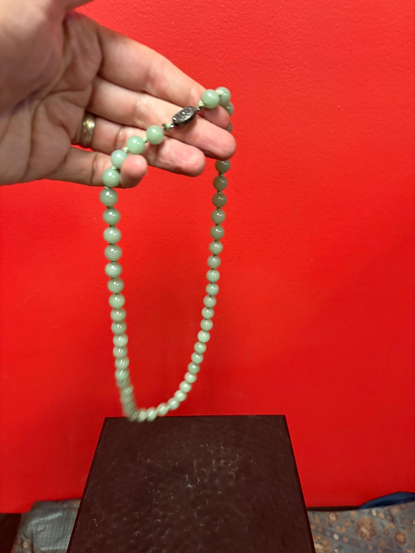 Vintage Chinese high-quality jade bead necklace with sterling silver clasp approximately 25 inches great knotting wonderful gift